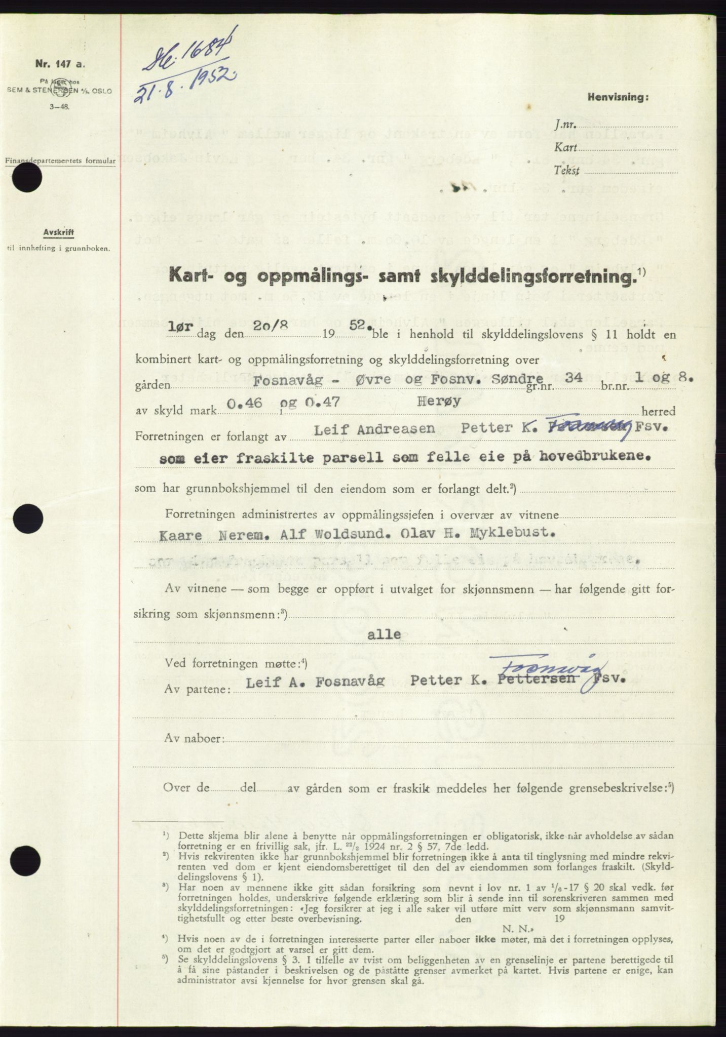 Søre Sunnmøre sorenskriveri, AV/SAT-A-4122/1/2/2C/L0092: Pantebok nr. 18A, 1952-1952, Dagboknr: 1684/1952