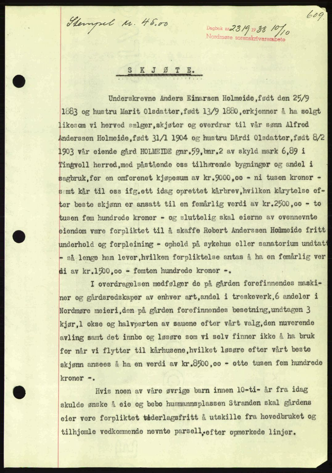 Nordmøre sorenskriveri, SAT/A-4132/1/2/2Ca: Pantebok nr. A84, 1938-1938, Dagboknr: 2319/1938