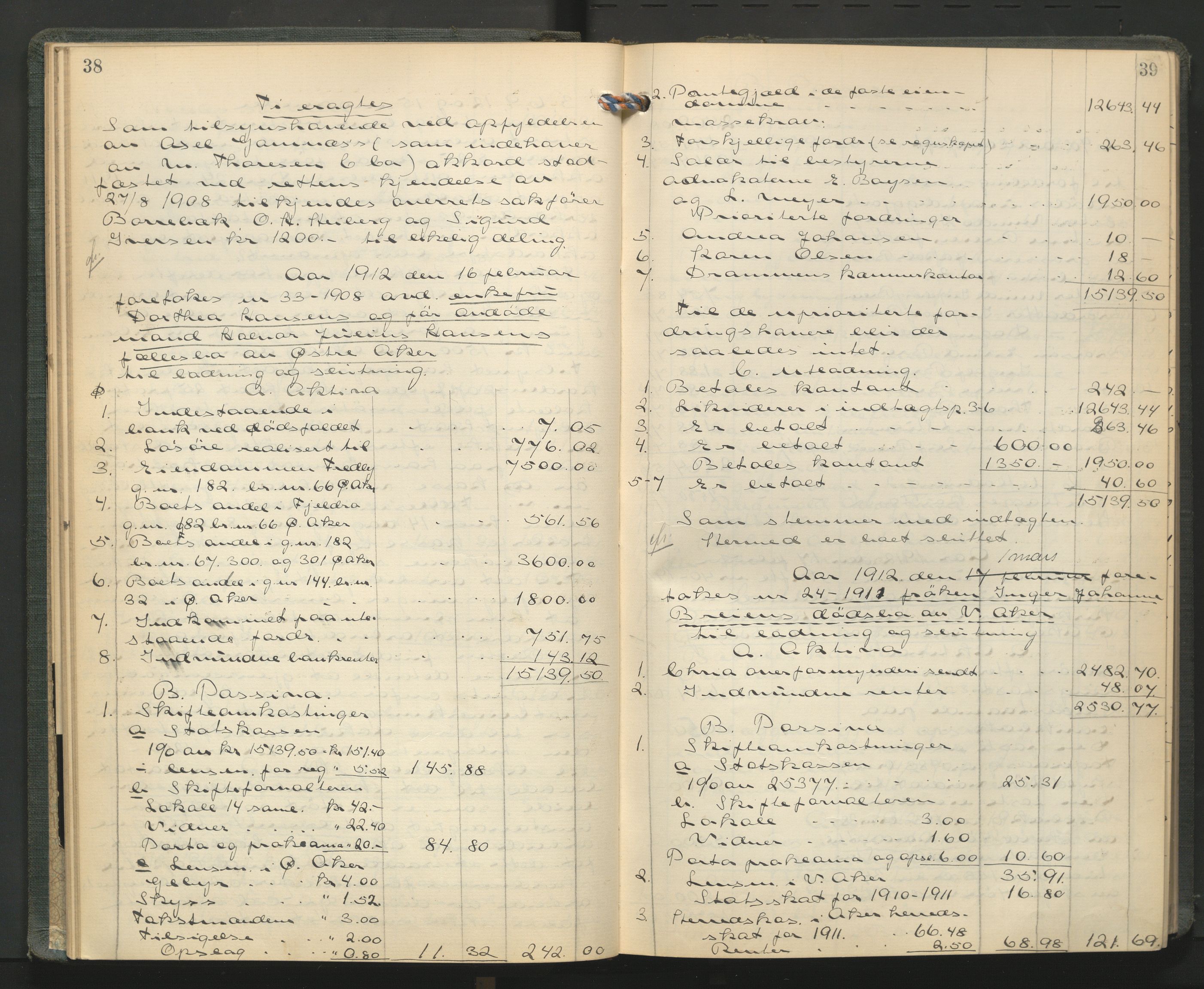 Aker kriminaldommer, skifte- og auksjonsforvalterembete, AV/SAO-A-10452/H/He/L0004: Utlodningsprotokoll, 1911-1915, s. 38-39