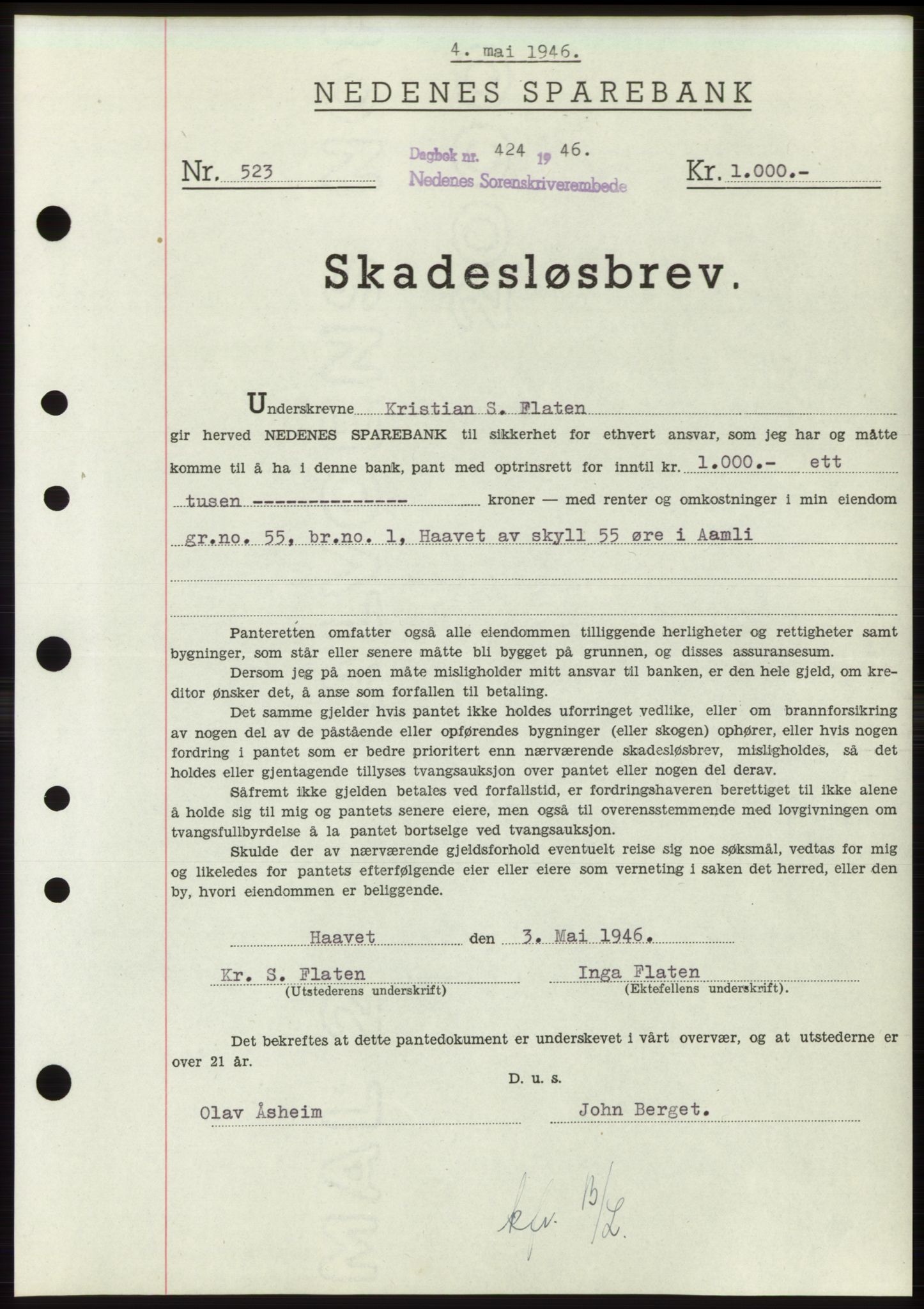 Nedenes sorenskriveri, AV/SAK-1221-0006/G/Gb/Gbb/L0003: Pantebok nr. B3b, 1946-1946, Dagboknr: 424/1946