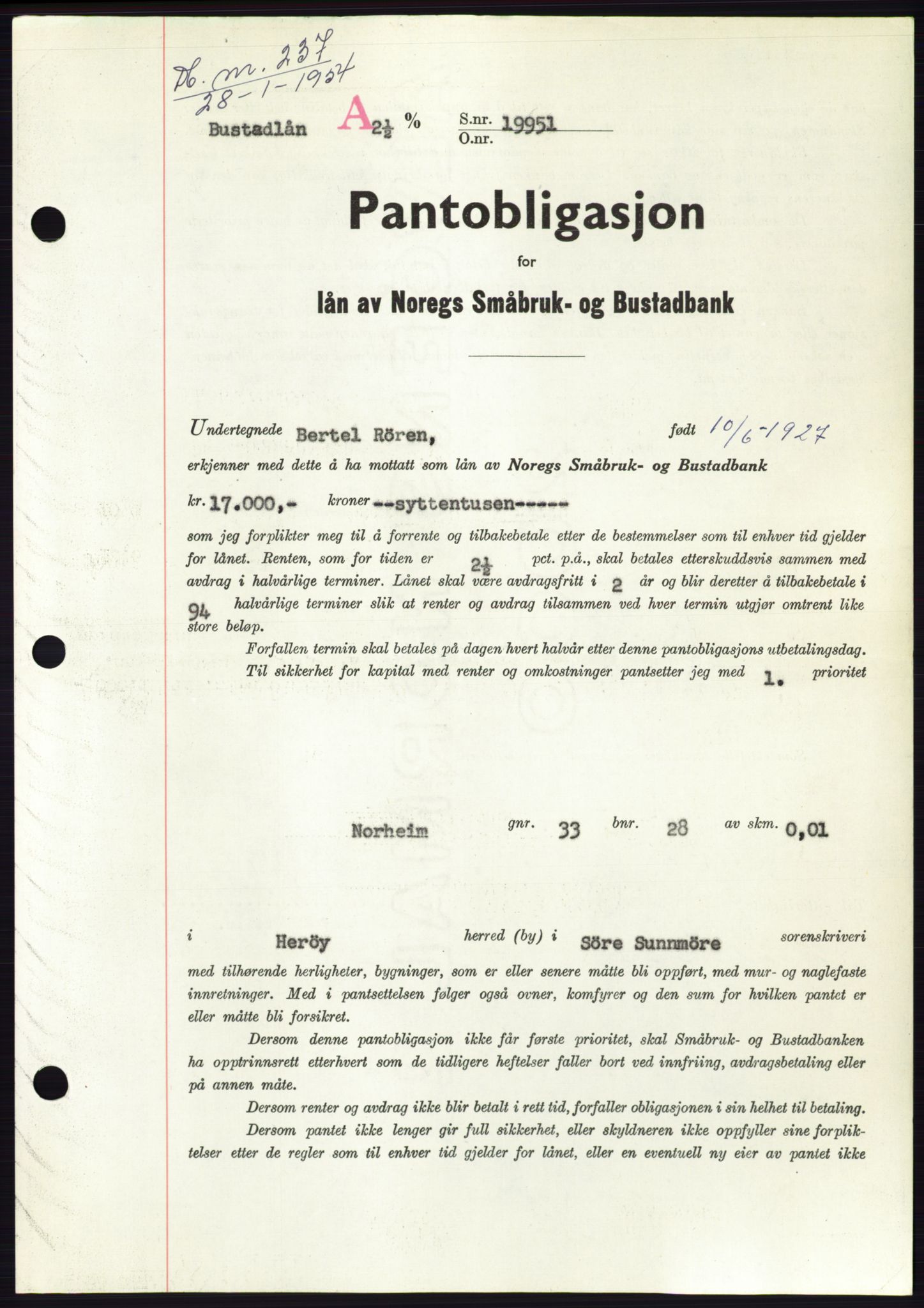 Søre Sunnmøre sorenskriveri, AV/SAT-A-4122/1/2/2C/L0124: Pantebok nr. 12B, 1953-1954, Dagboknr: 237/1954