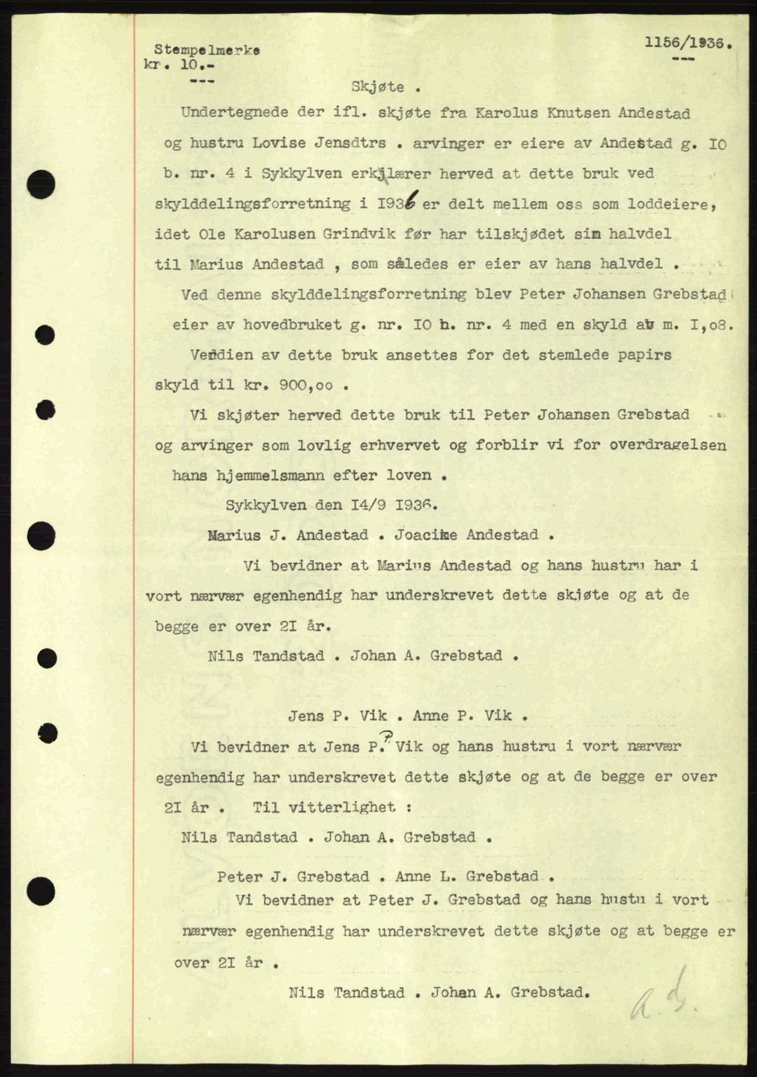 Nordre Sunnmøre sorenskriveri, AV/SAT-A-0006/1/2/2C/2Ca: Pantebok nr. A1, 1936-1936, Dagboknr: 1156/1936