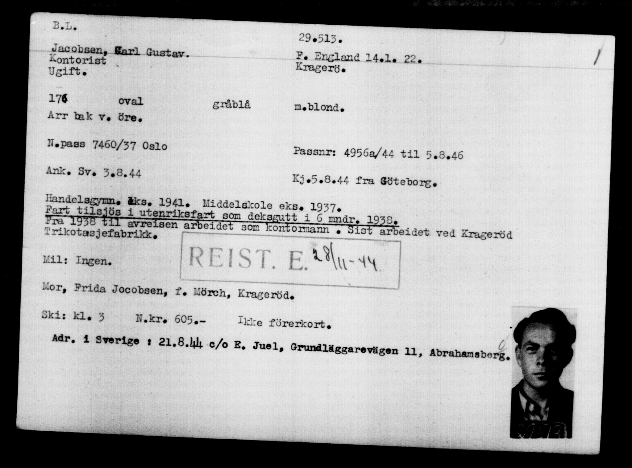 Utenriksstasjonene, Legasjonen i Stockholm, Flyktningkontoret, AV/RA-S-6753/V/Va/L0012: Kjesäterkartoteket, flyktninger med registreringsnr. 28300-31566, 1940-1945, s. 1329