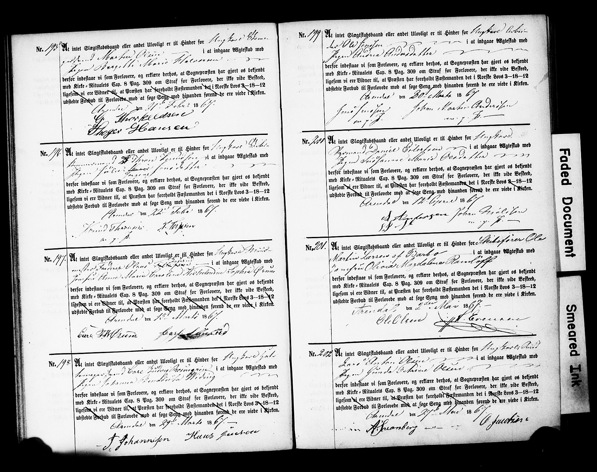 Arendal sokneprestkontor, Trefoldighet, AV/SAK-1111-0040/F/Fe/L0001: Forlovererklæringer nr. A VI 1, 1857-1875