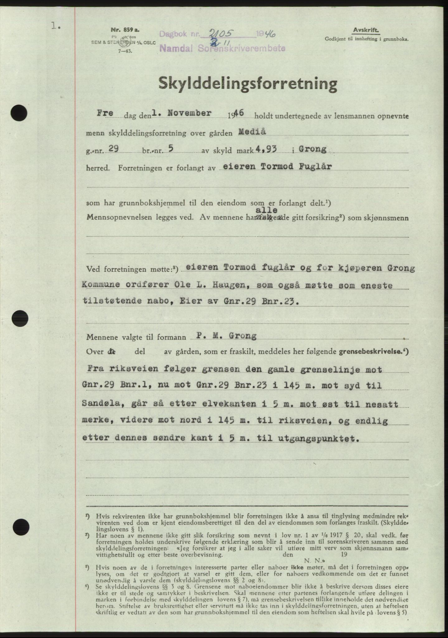 Namdal sorenskriveri, SAT/A-4133/1/2/2C: Pantebok nr. -, 1946-1947, Dagboknr: 2105/1946
