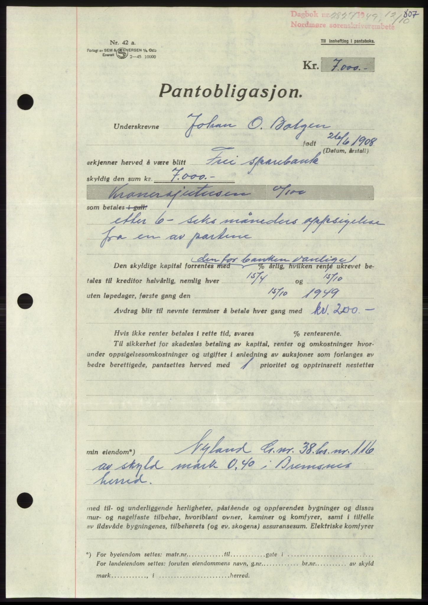 Nordmøre sorenskriveri, SAT/A-4132/1/2/2Ca: Pantebok nr. B102, 1949-1949, Dagboknr: 2827/1949
