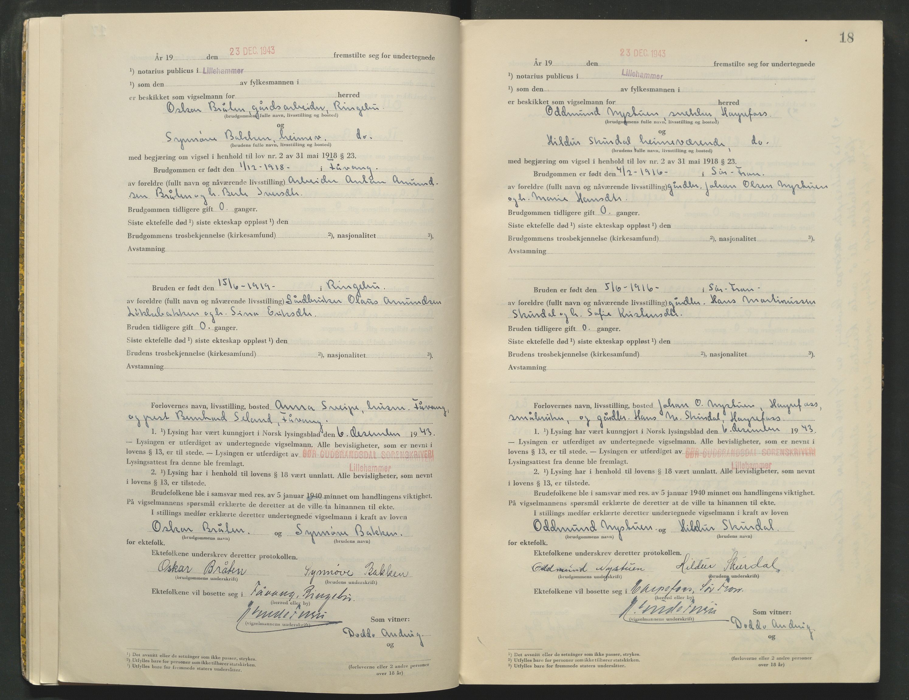 Sør-Gudbrandsdal tingrett, AV/SAH-TING-004/L/Lc/L0004: Vigselsprotokoll, 1943-1944, s. 18