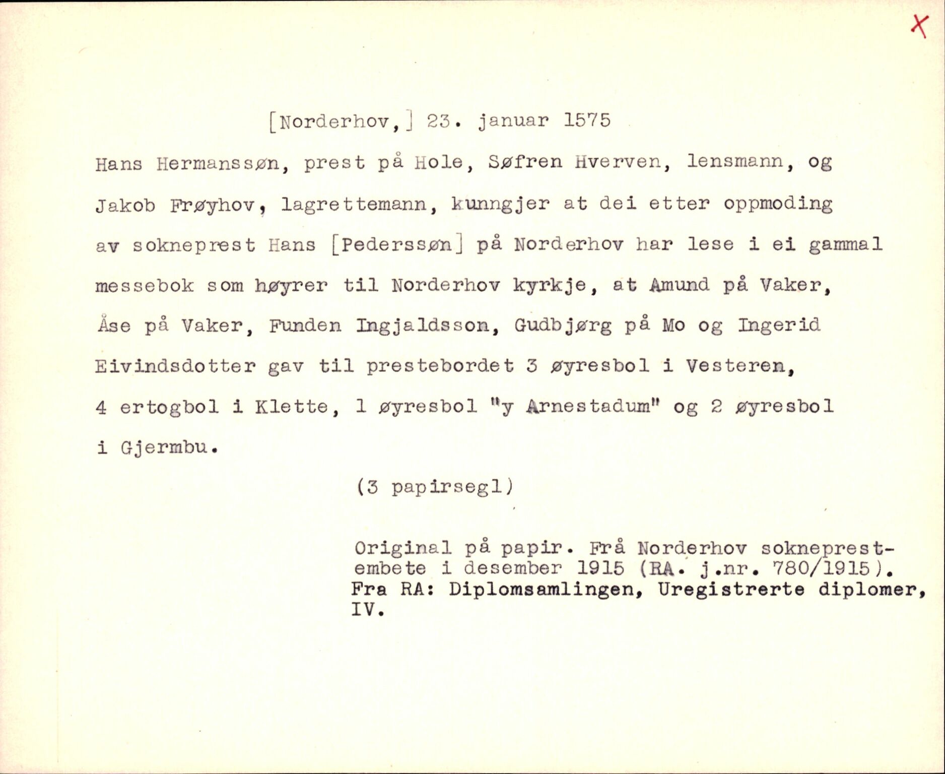 Riksarkivets diplomsamling, AV/RA-EA-5965/F35/F35k/L0002: Regestsedler: Prestearkiver fra Hedmark, Oppland, Buskerud og Vestfold, s. 265