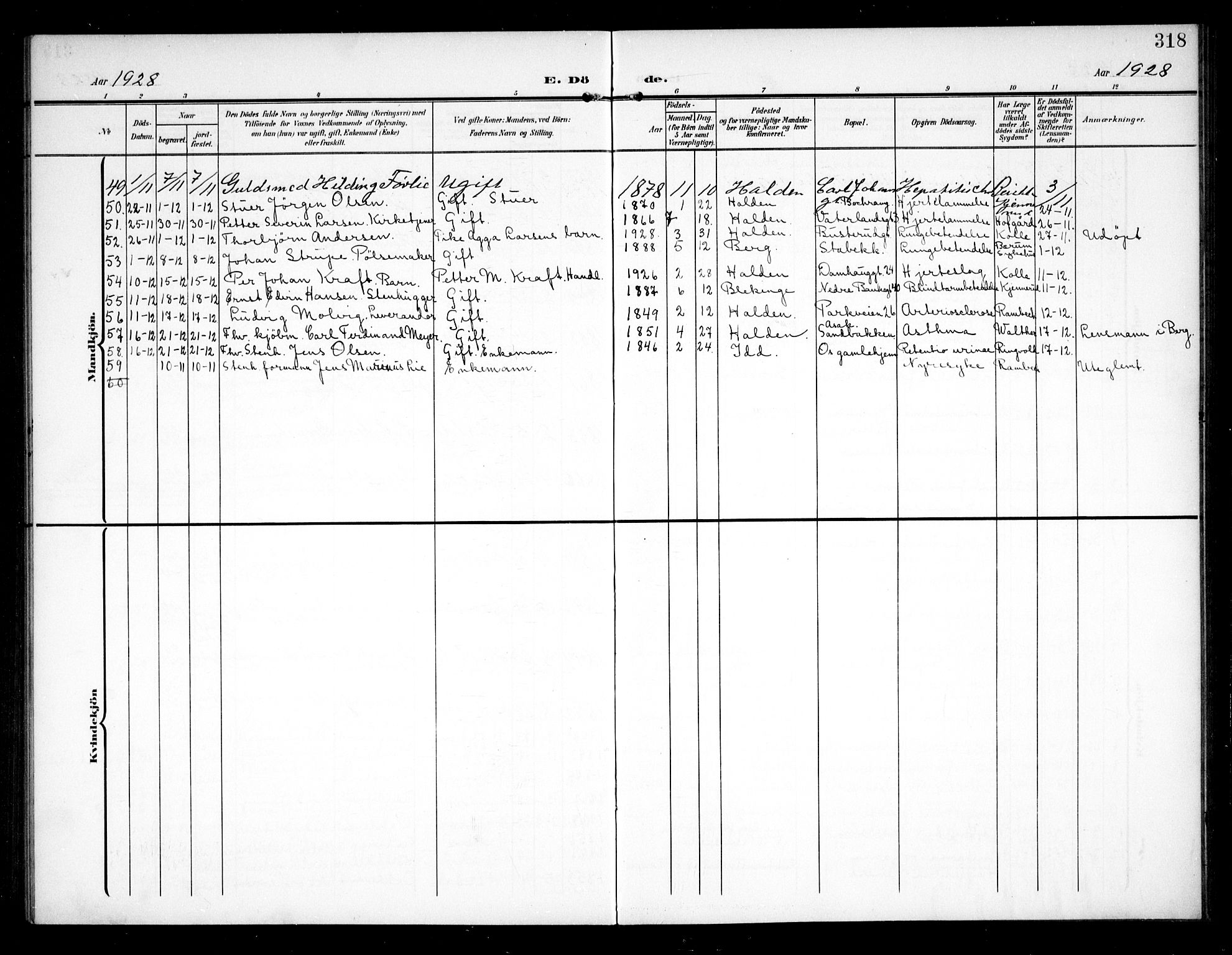 Halden prestekontor Kirkebøker, AV/SAO-A-10909/G/Ga/L0011: Klokkerbok nr. 11, 1906-1934, s. 318