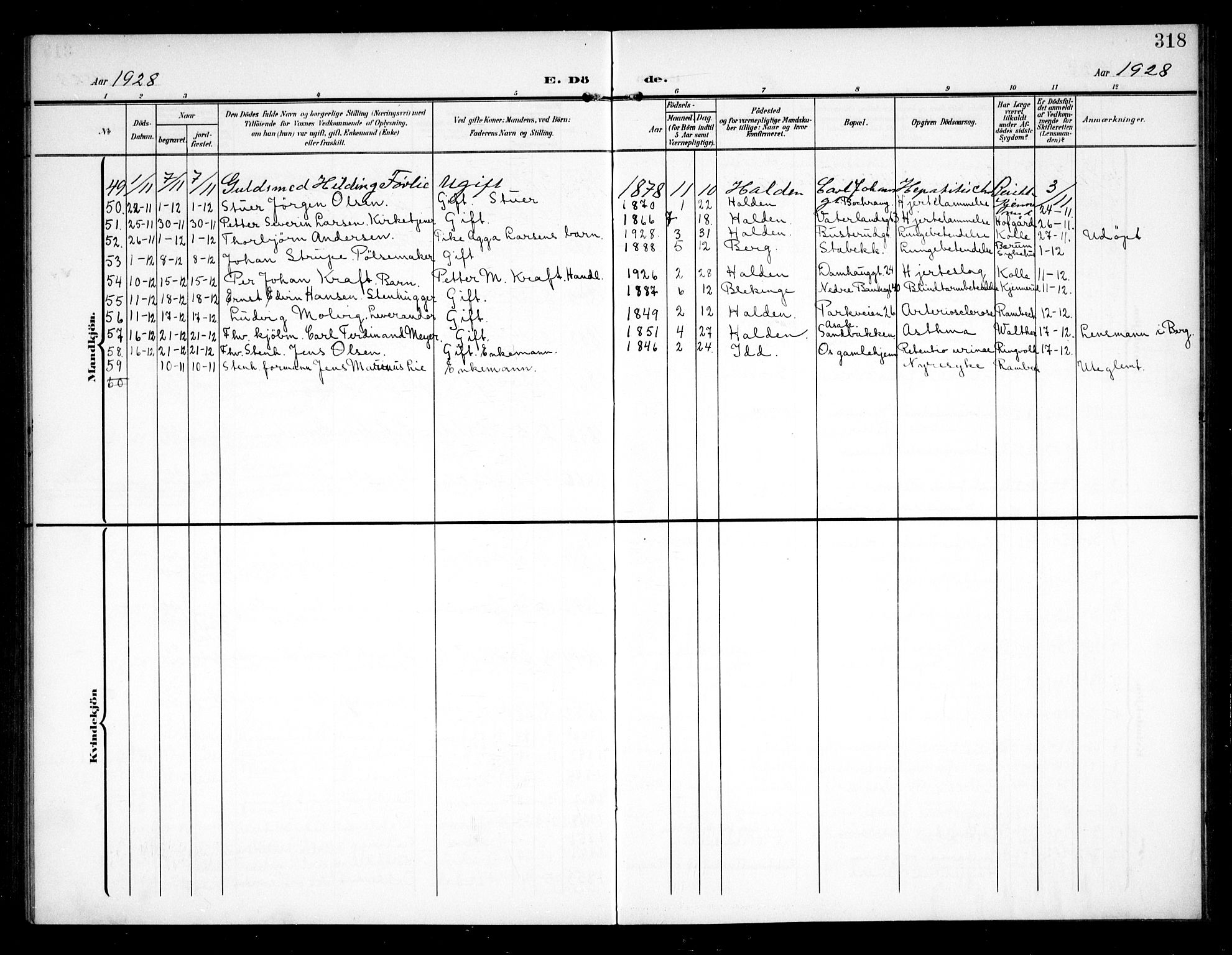 Halden prestekontor Kirkebøker, SAO/A-10909/G/Ga/L0011: Klokkerbok nr. 11, 1906-1934, s. 318