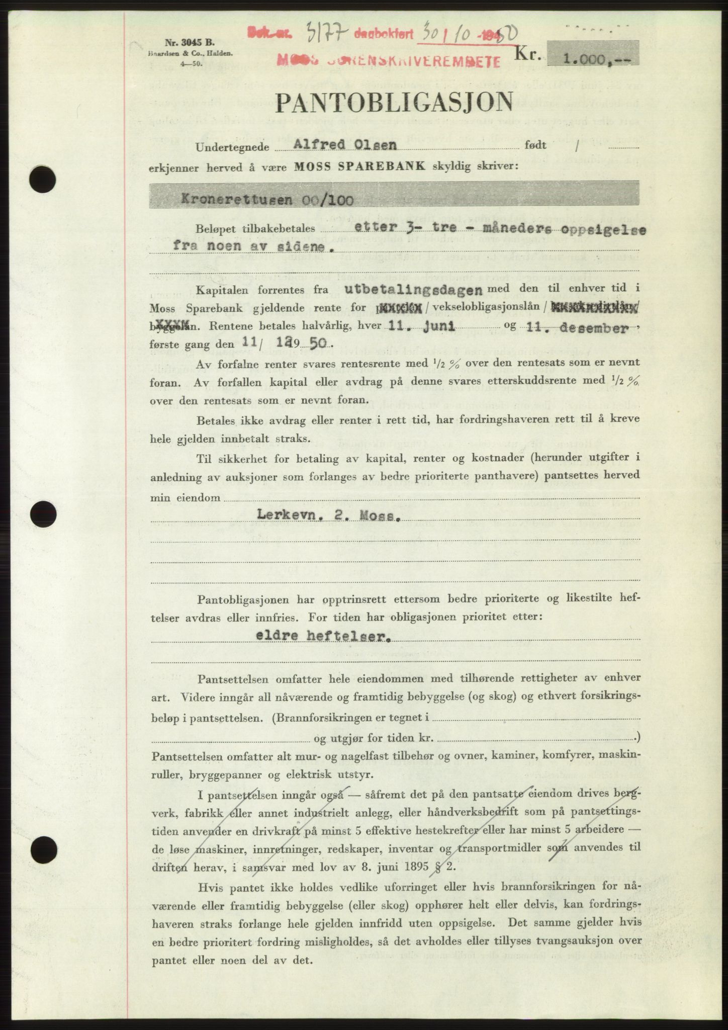 Moss sorenskriveri, SAO/A-10168: Pantebok nr. B25, 1950-1950, Dagboknr: 3177/1950
