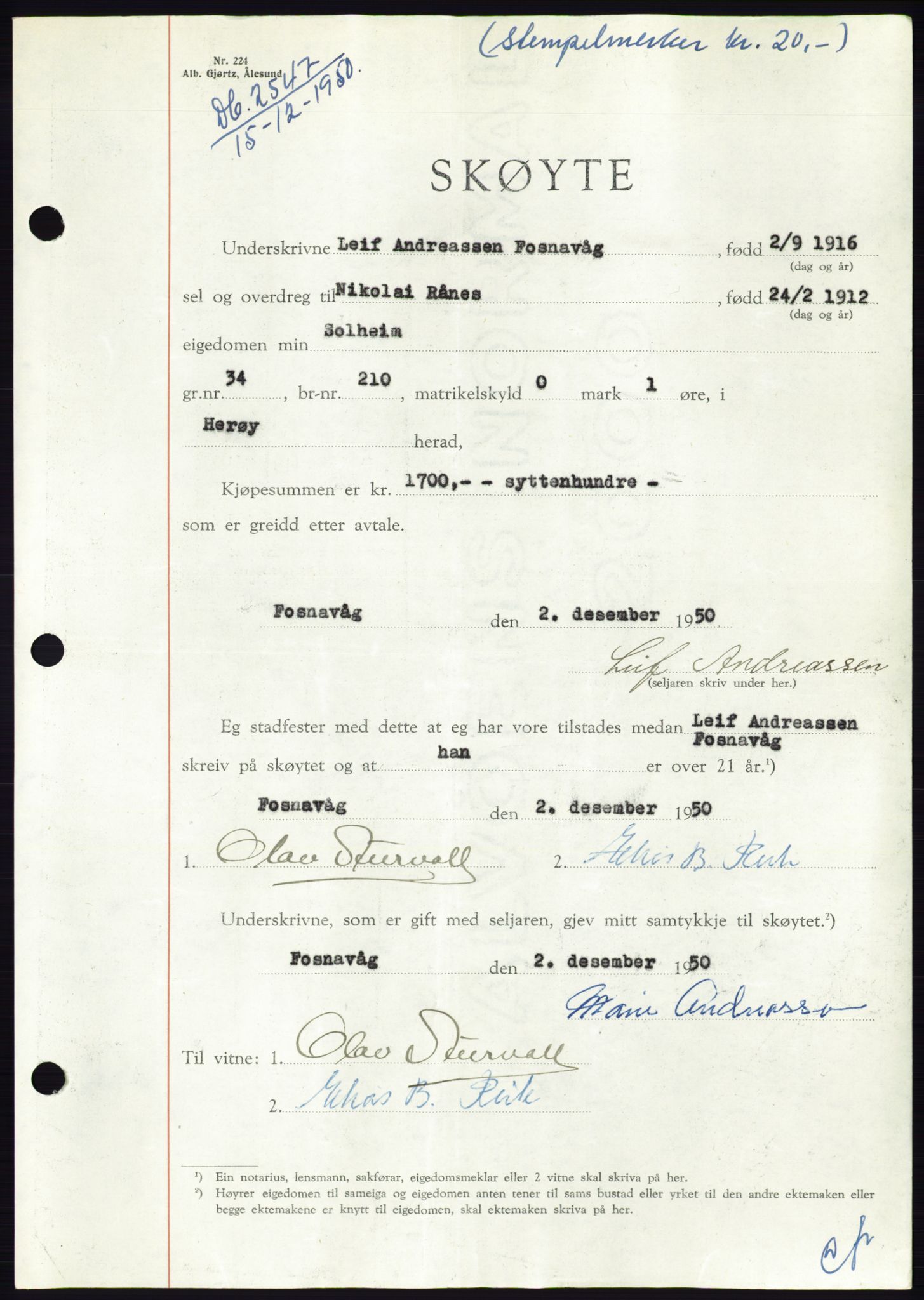 Søre Sunnmøre sorenskriveri, SAT/A-4122/1/2/2C/L0088: Pantebok nr. 14A, 1950-1951, Dagboknr: 2547/1950