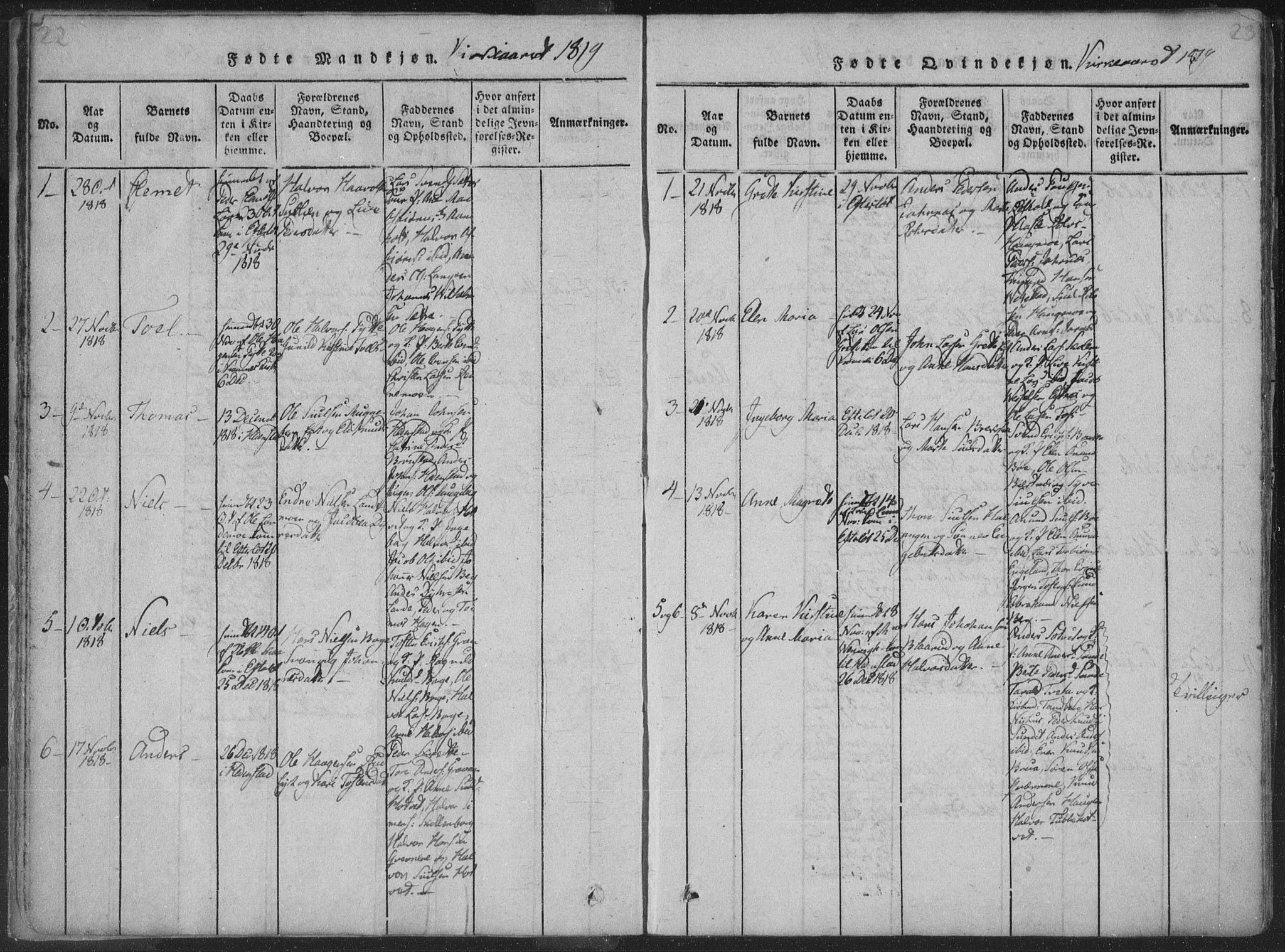 Sandsvær kirkebøker, SAKO/A-244/F/Fa/L0004: Ministerialbok nr. I 4, 1817-1839, s. 22-23