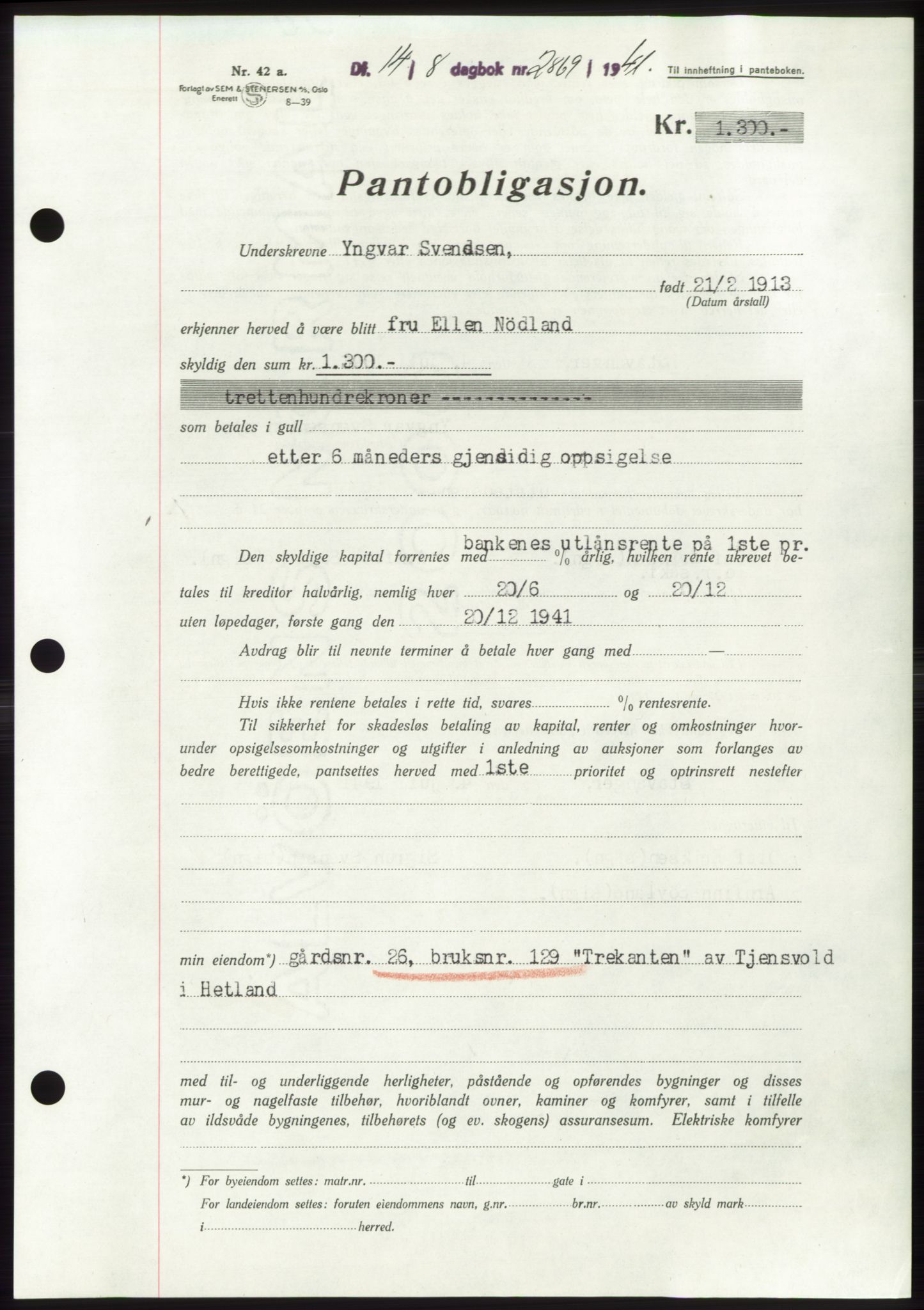 Jæren sorenskriveri, SAST/A-100310/03/G/Gba/L0080: Pantebok, 1941-1941, Dagboknr: 2869/1941