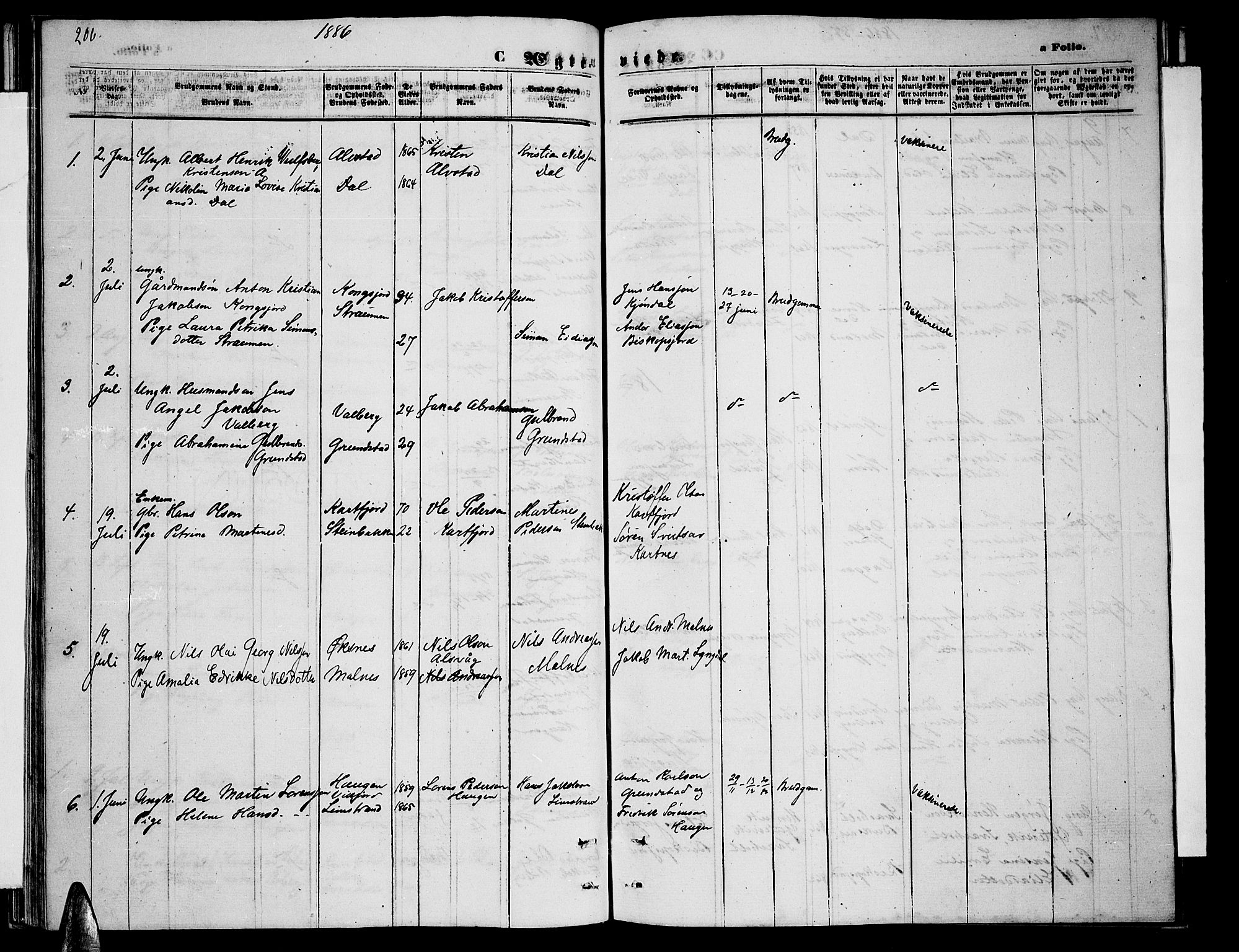 Ministerialprotokoller, klokkerbøker og fødselsregistre - Nordland, AV/SAT-A-1459/884/L1196: Klokkerbok nr. 884C02, 1860-1887, s. 206