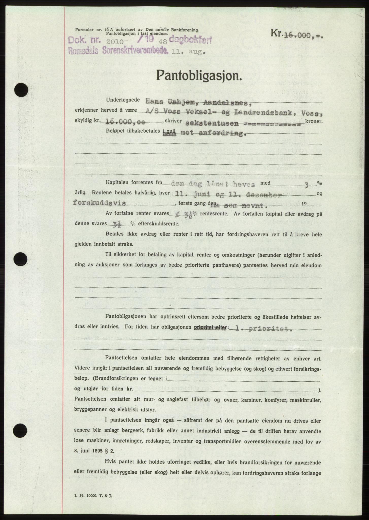 Romsdal sorenskriveri, SAT/A-4149/1/2/2C: Pantebok nr. B4, 1948-1949, Dagboknr: 2010/1948