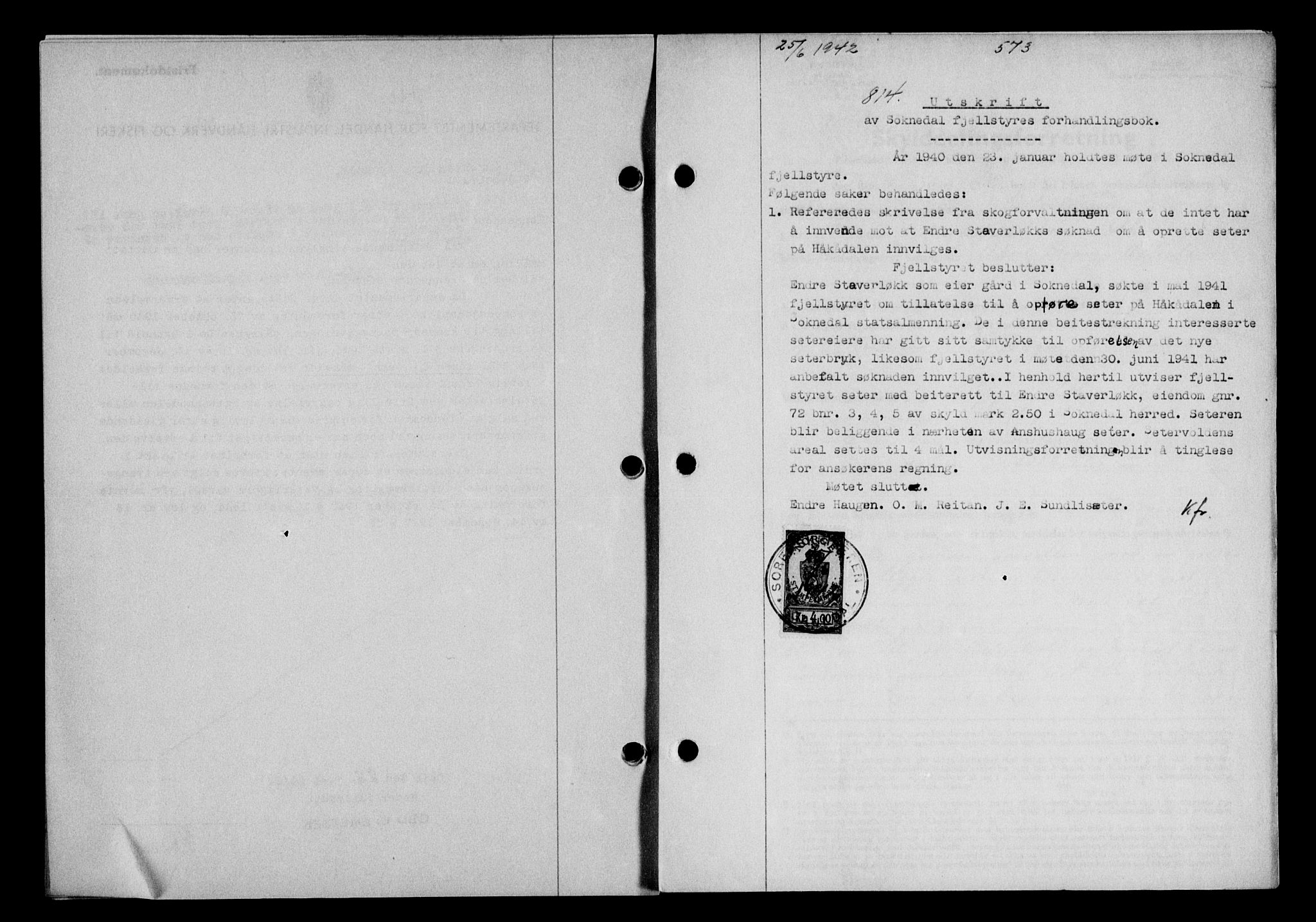 Gauldal sorenskriveri, SAT/A-0014/1/2/2C/L0054: Pantebok nr. 59, 1941-1942, Dagboknr: 814/1942