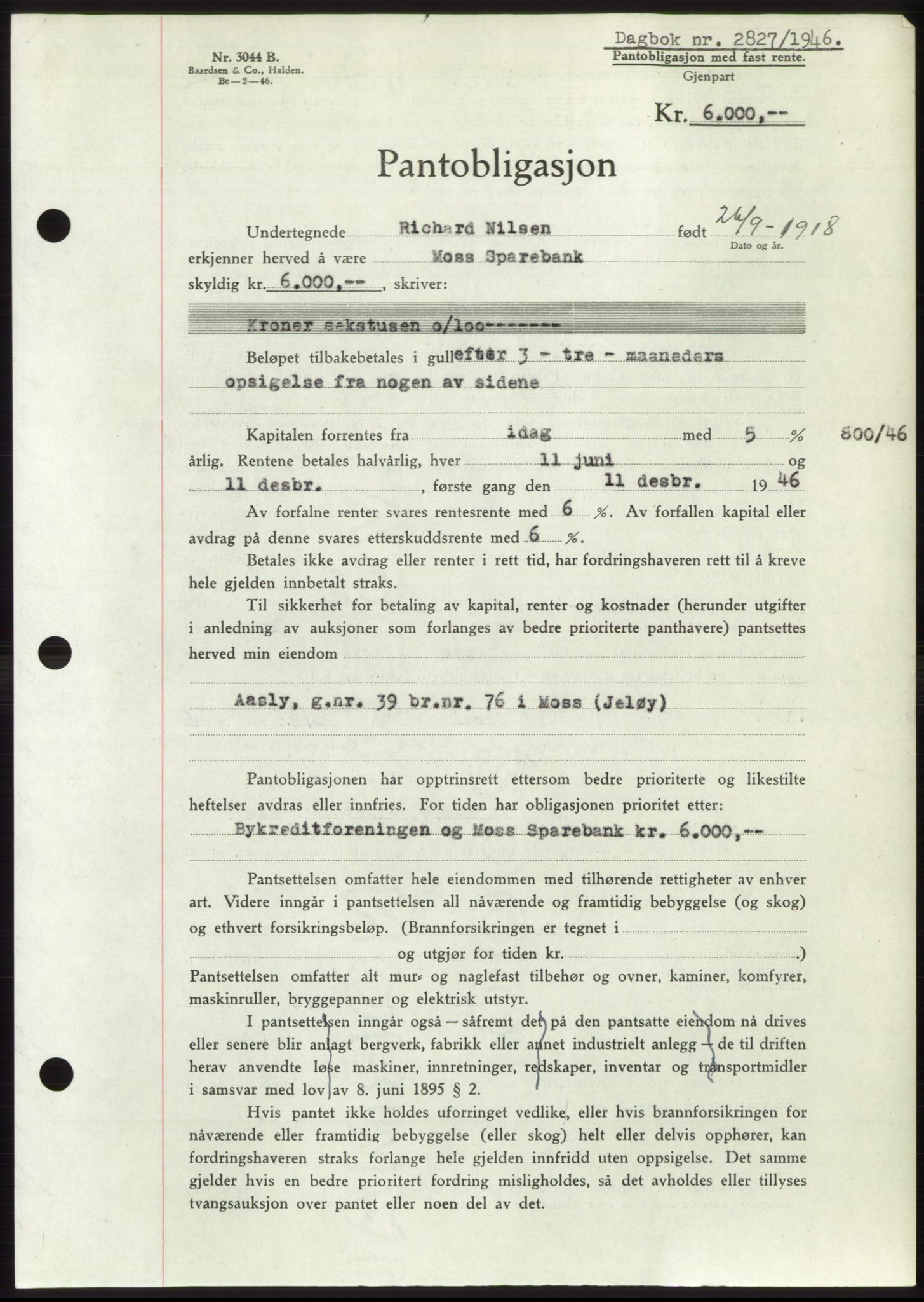 Moss sorenskriveri, SAO/A-10168: Pantebok nr. B16, 1946-1947, Dagboknr: 2827/1946