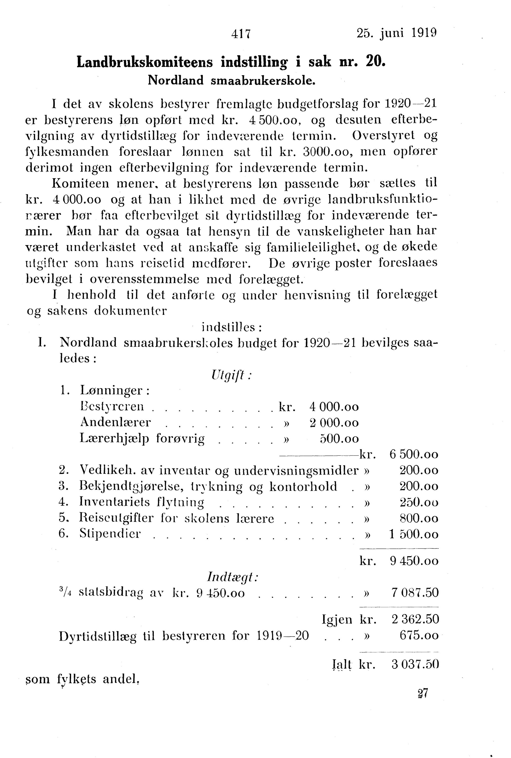 Nordland Fylkeskommune. Fylkestinget, AIN/NFK-17/176/A/Ac/L0043: Fylkestingsforhandlinger 1920, 1920