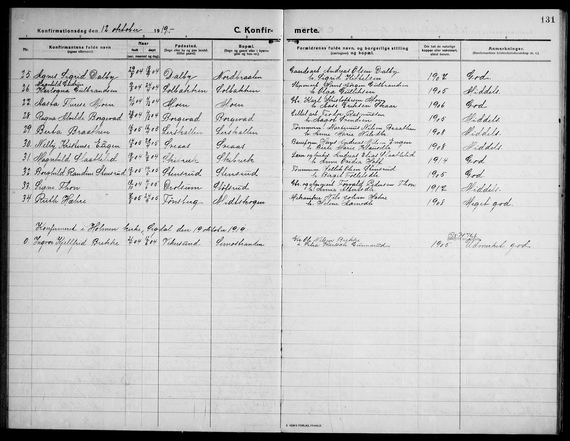 Modum kirkebøker, AV/SAKO-A-234/F/Fa/L0018: Ministerialbok nr. 18, 1912-1924, s. 131