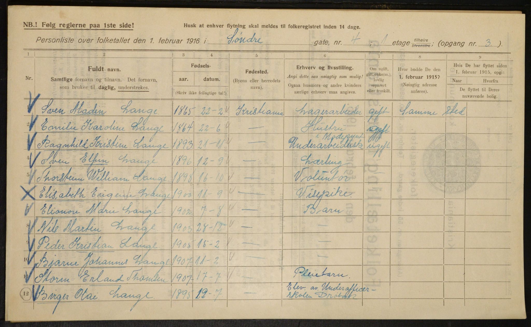 OBA, Kommunal folketelling 1.2.1916 for Kristiania, 1916, s. 109307