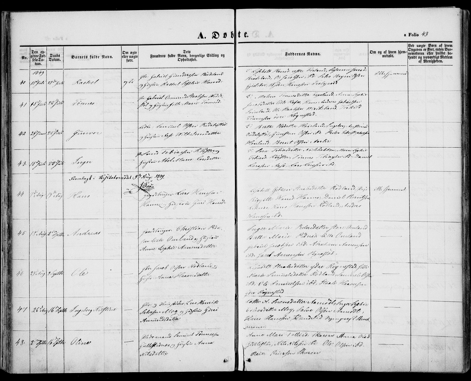 Kvinesdal sokneprestkontor, SAK/1111-0026/F/Fa/Fab/L0005: Ministerialbok nr. A 5, 1844-1857, s. 43