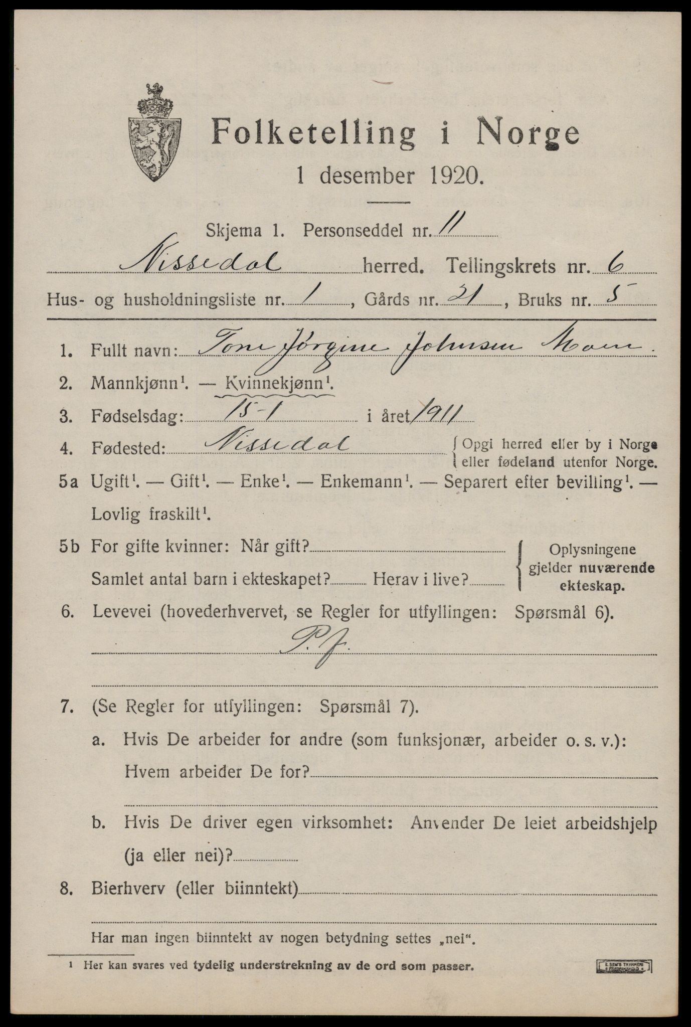 SAKO, Folketelling 1920 for 0830 Nissedal herred, 1920, s. 2291