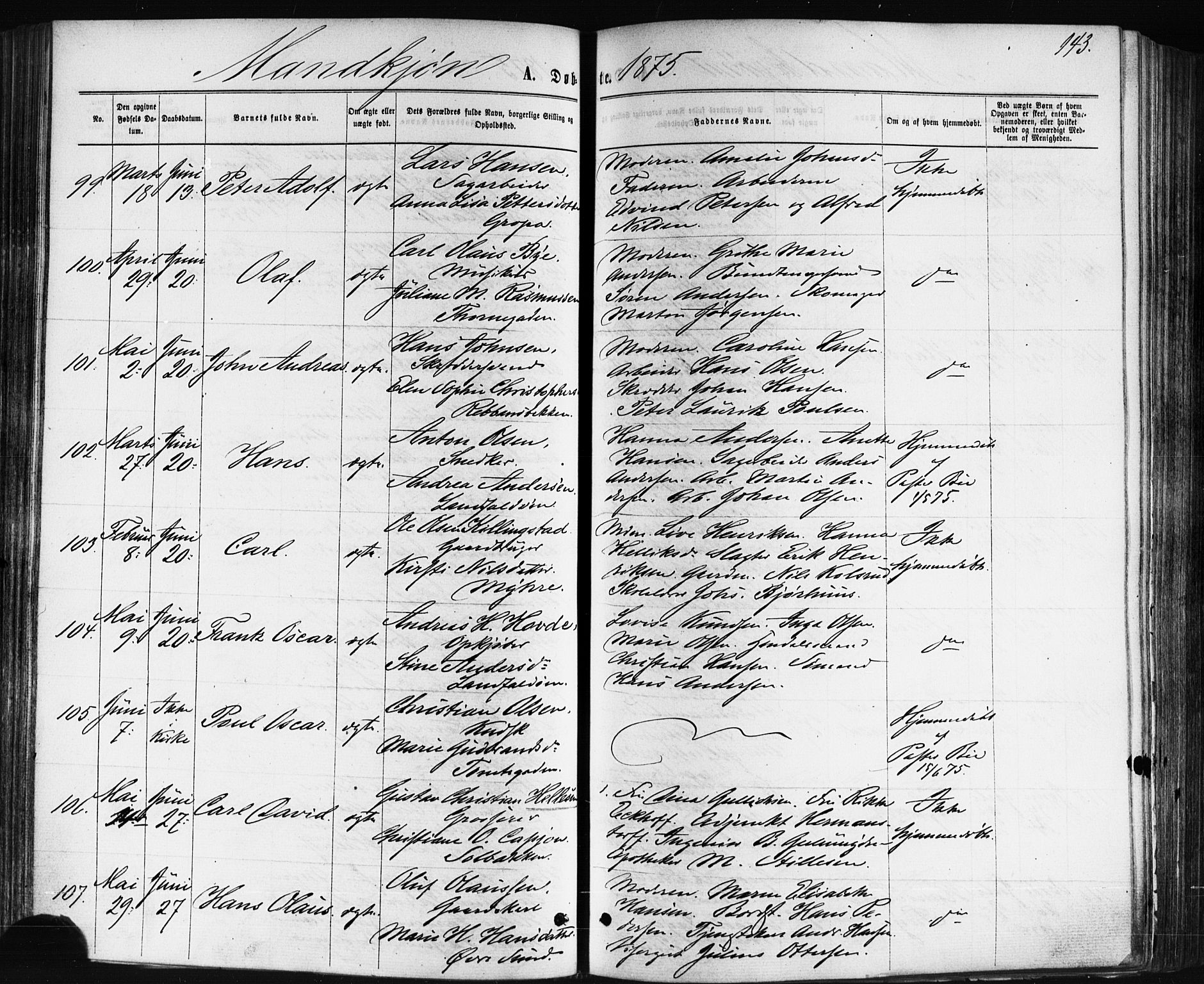 Bragernes kirkebøker, AV/SAKO-A-6/F/Fb/L0004: Ministerialbok nr. II 4, 1869-1875, s. 143