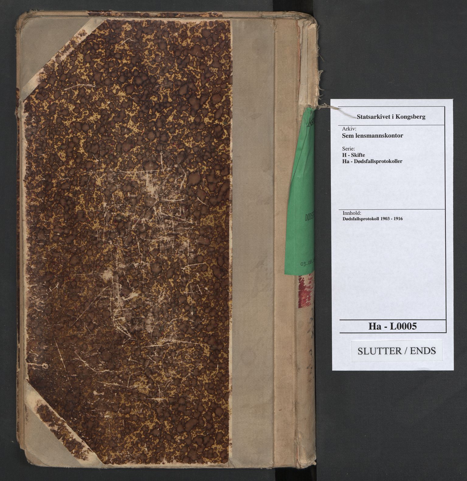 Sem lensmannskontor, AV/SAKO-A-547/H/Ha/L0005: Dødsfallsprotokoll, 1903-1916