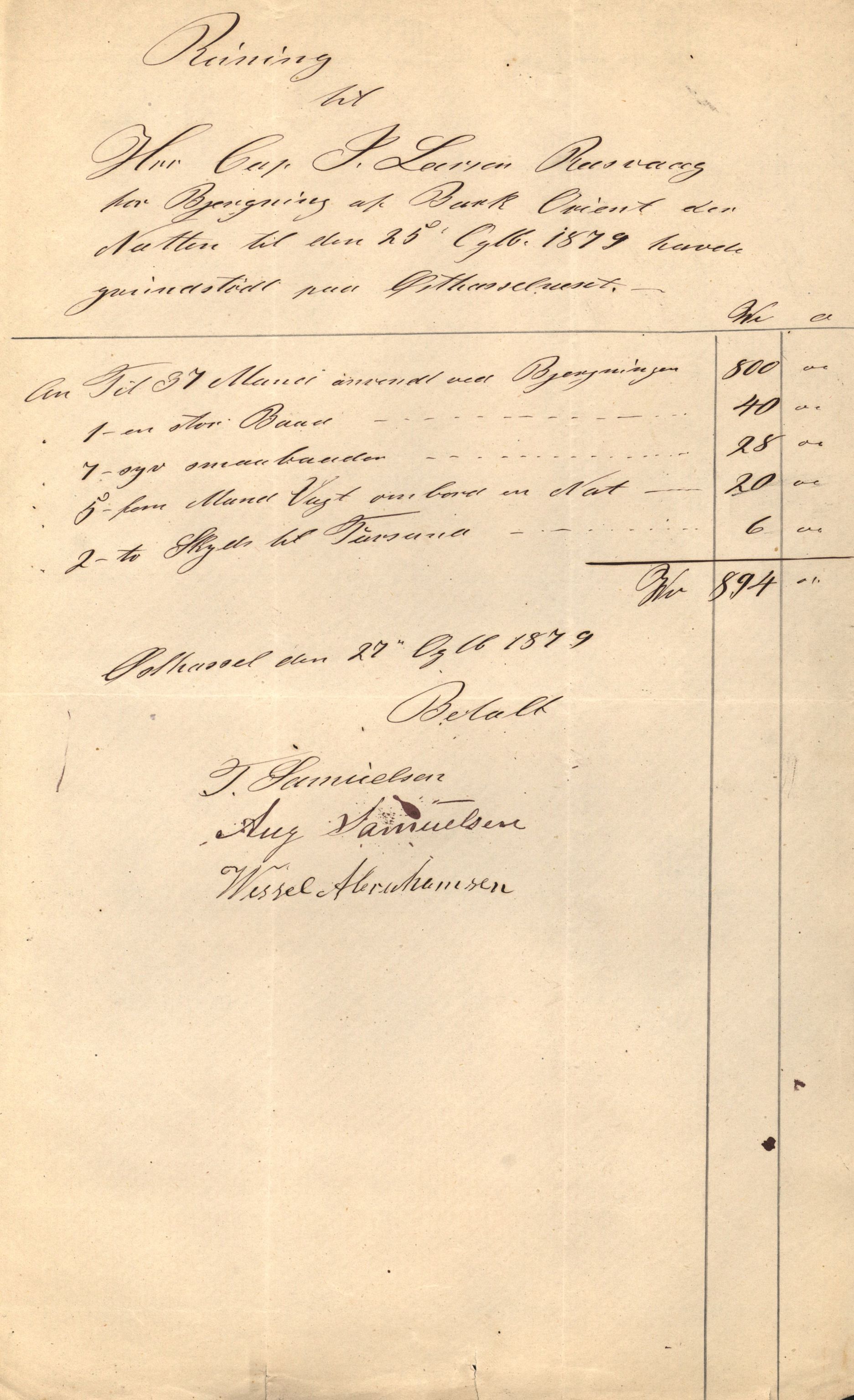 Pa 63 - Østlandske skibsassuranceforening, VEMU/A-1079/G/Ga/L0011/0009: Havaridokumenter / Orient, 1879