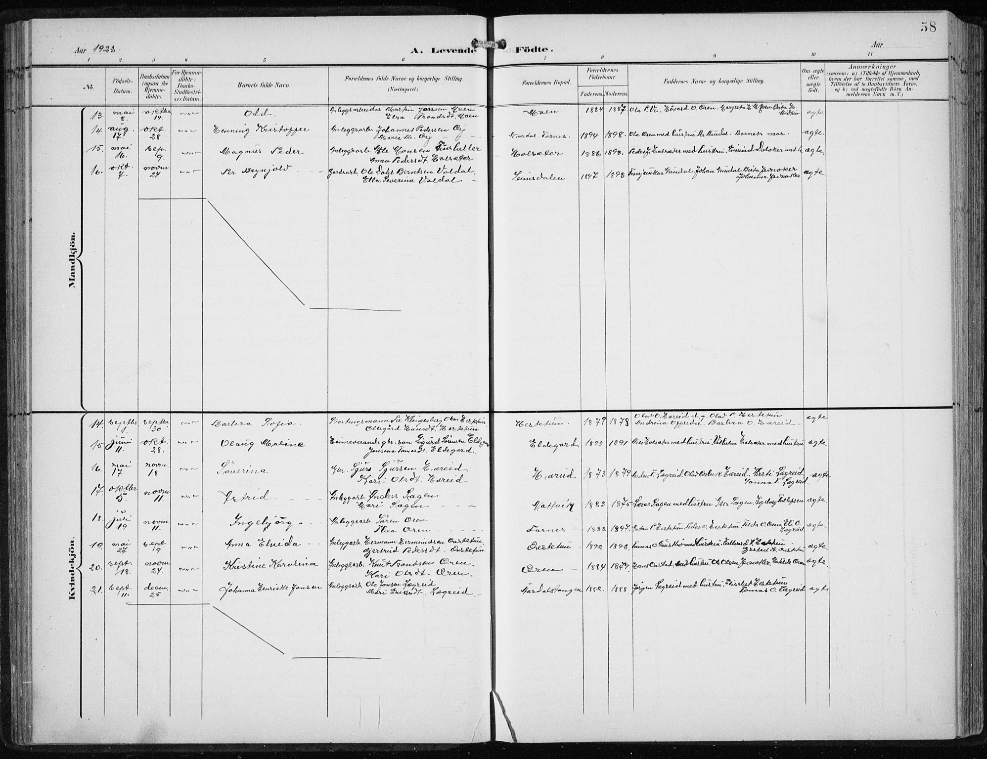 Årdal sokneprestembete, AV/SAB-A-81701: Klokkerbok nr. A 2, 1899-1939, s. 58