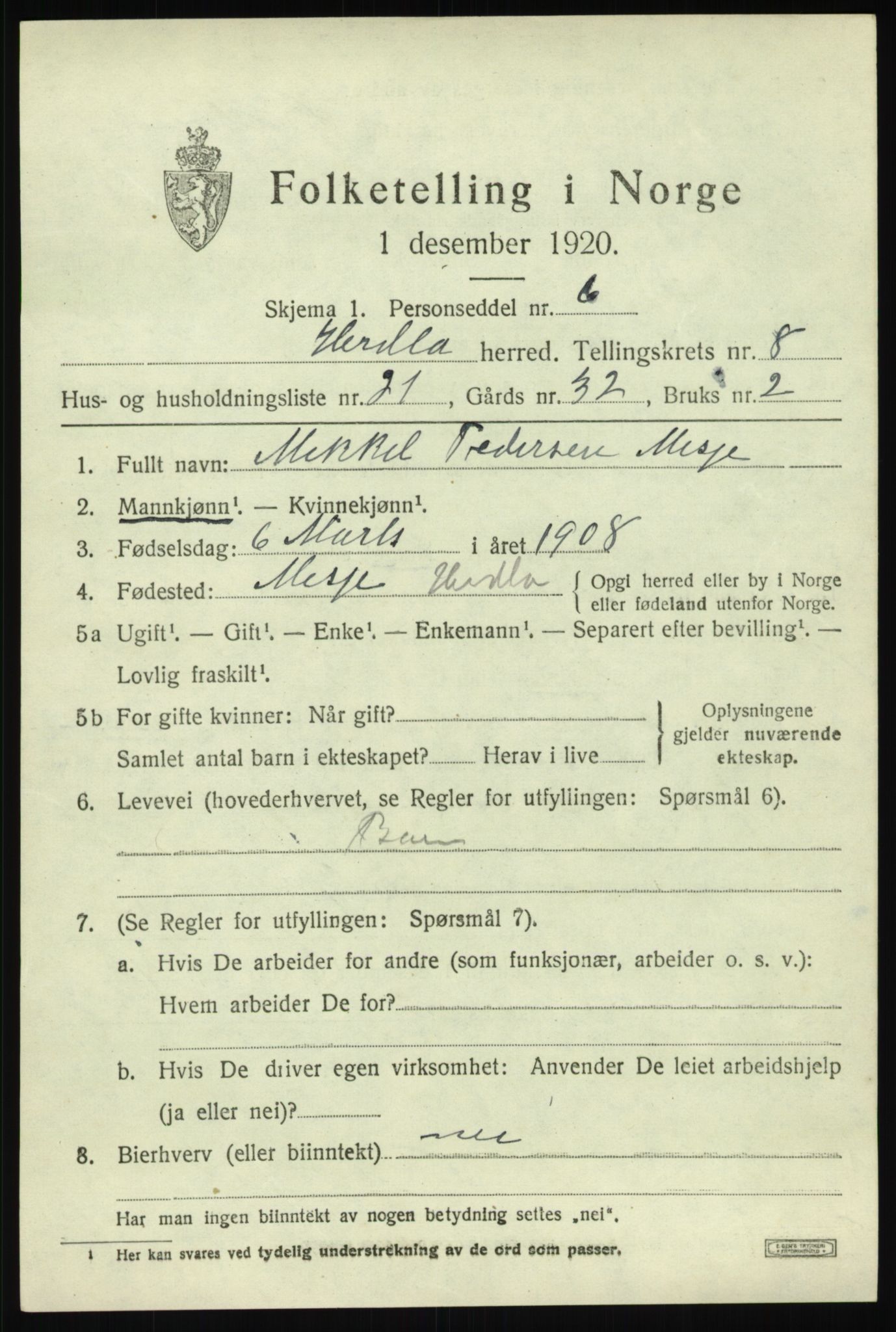 SAB, Folketelling 1920 for 1258 Herdla herred, 1920, s. 6045