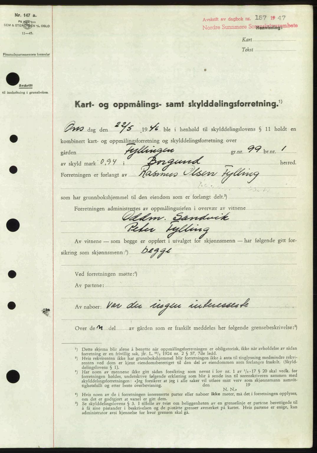 Nordre Sunnmøre sorenskriveri, AV/SAT-A-0006/1/2/2C/2Ca: Pantebok nr. A23, 1946-1947, Dagboknr: 157/1947