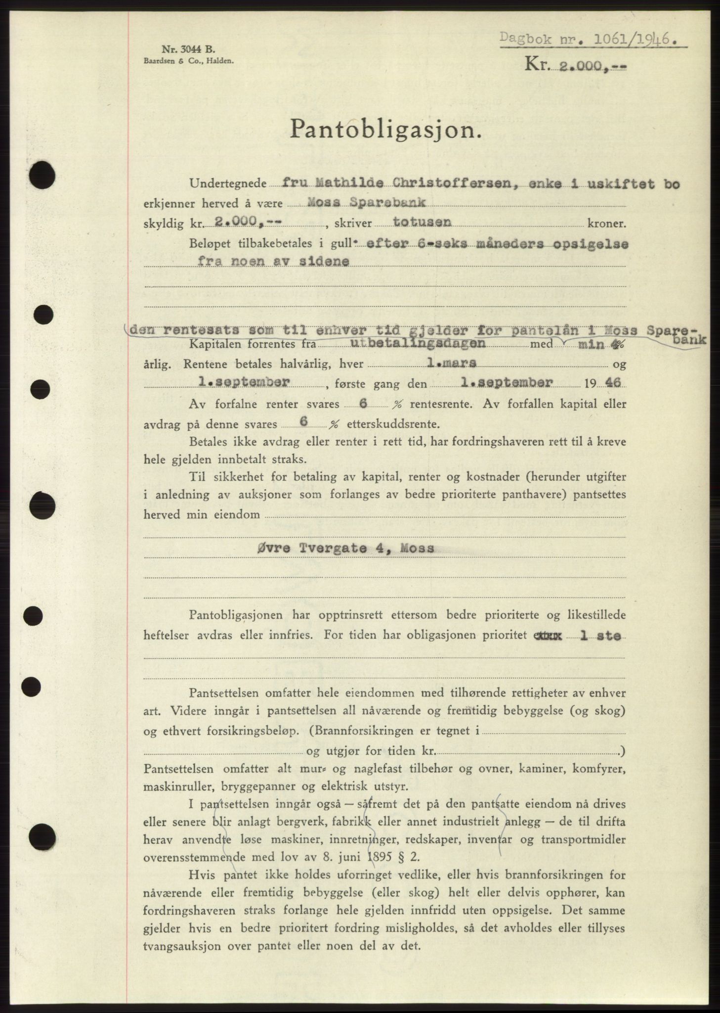 Moss sorenskriveri, SAO/A-10168: Pantebok nr. B15, 1946-1946, Dagboknr: 1061/1946