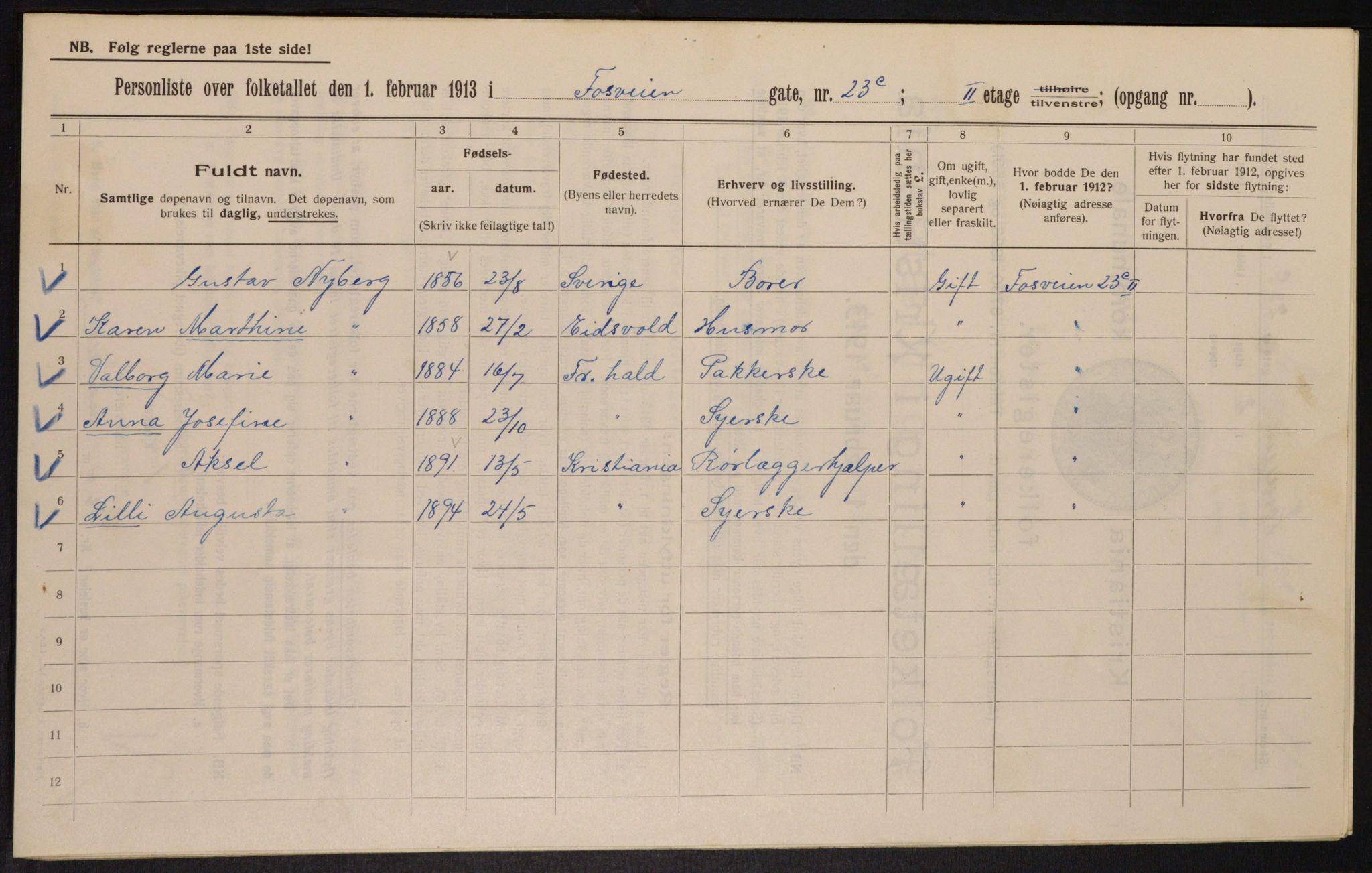 OBA, Kommunal folketelling 1.2.1913 for Kristiania, 1913, s. 25463