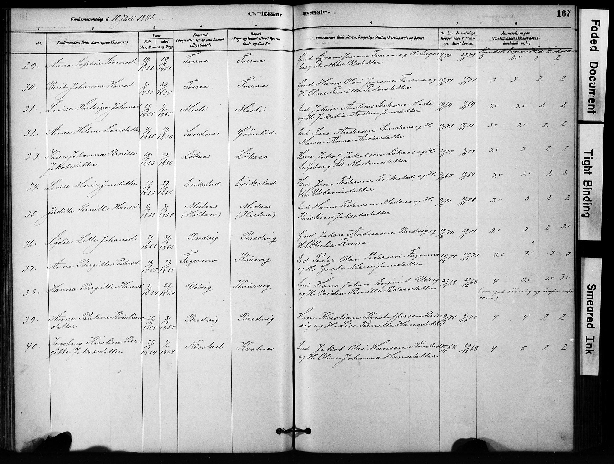 Ministerialprotokoller, klokkerbøker og fødselsregistre - Nordland, SAT/A-1459/852/L0754: Klokkerbok nr. 852C05, 1878-1894, s. 167