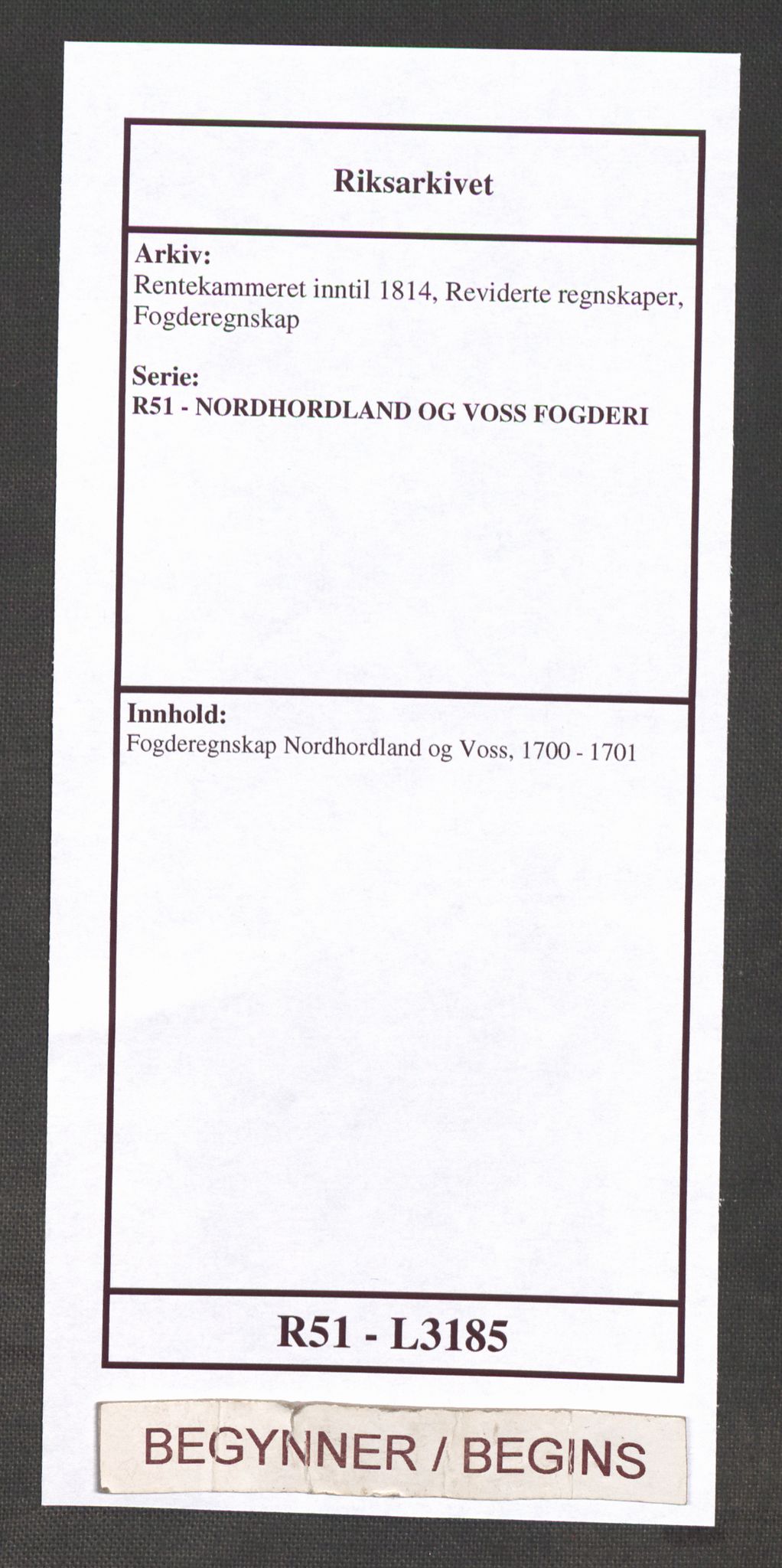 Rentekammeret inntil 1814, Reviderte regnskaper, Fogderegnskap, RA/EA-4092/R51/L3185: Fogderegnskap Nordhordland og Voss, 1700-1701, s. 1