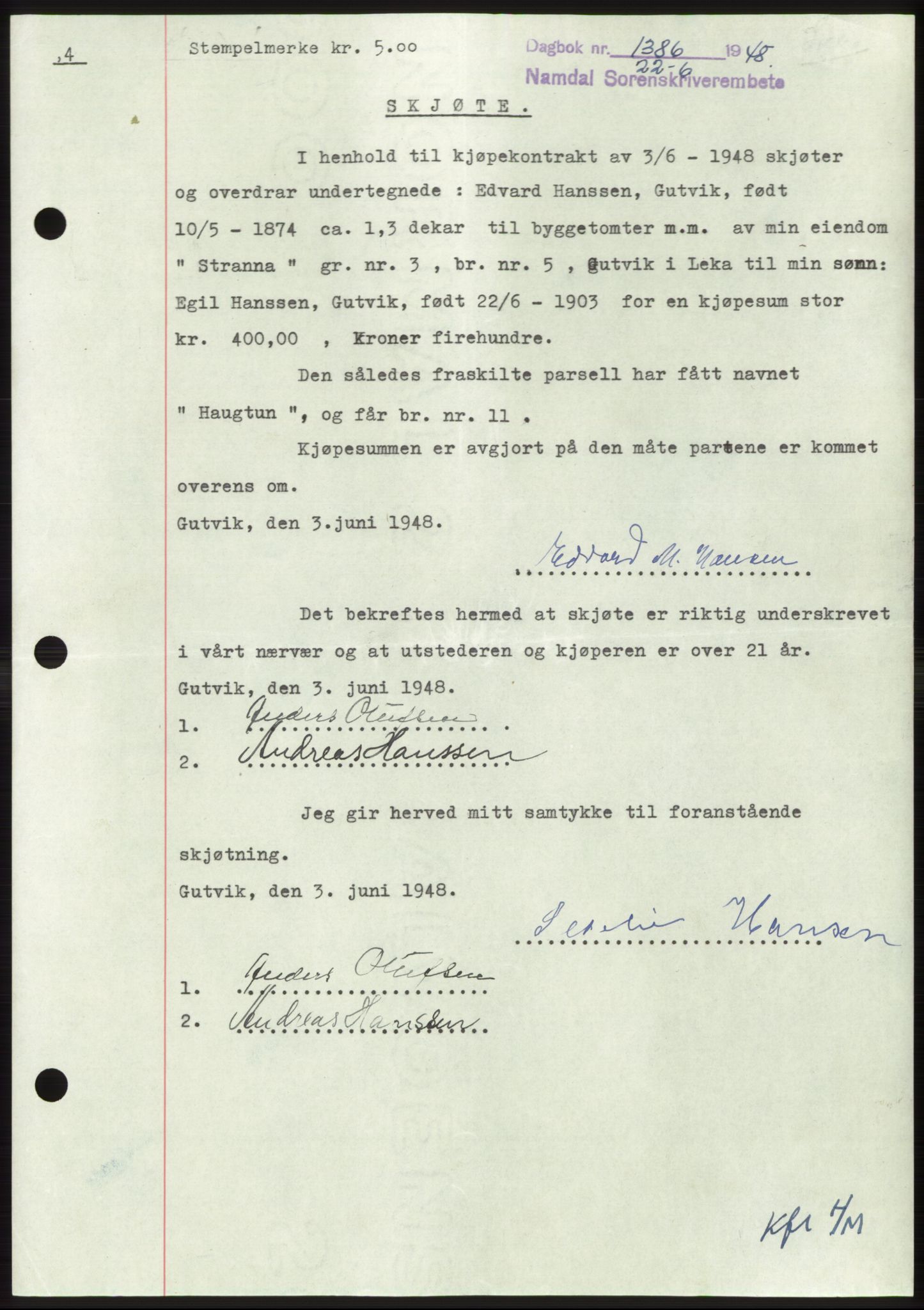 Namdal sorenskriveri, SAT/A-4133/1/2/2C: Pantebok nr. -, 1948-1948, Dagboknr: 1386/1948