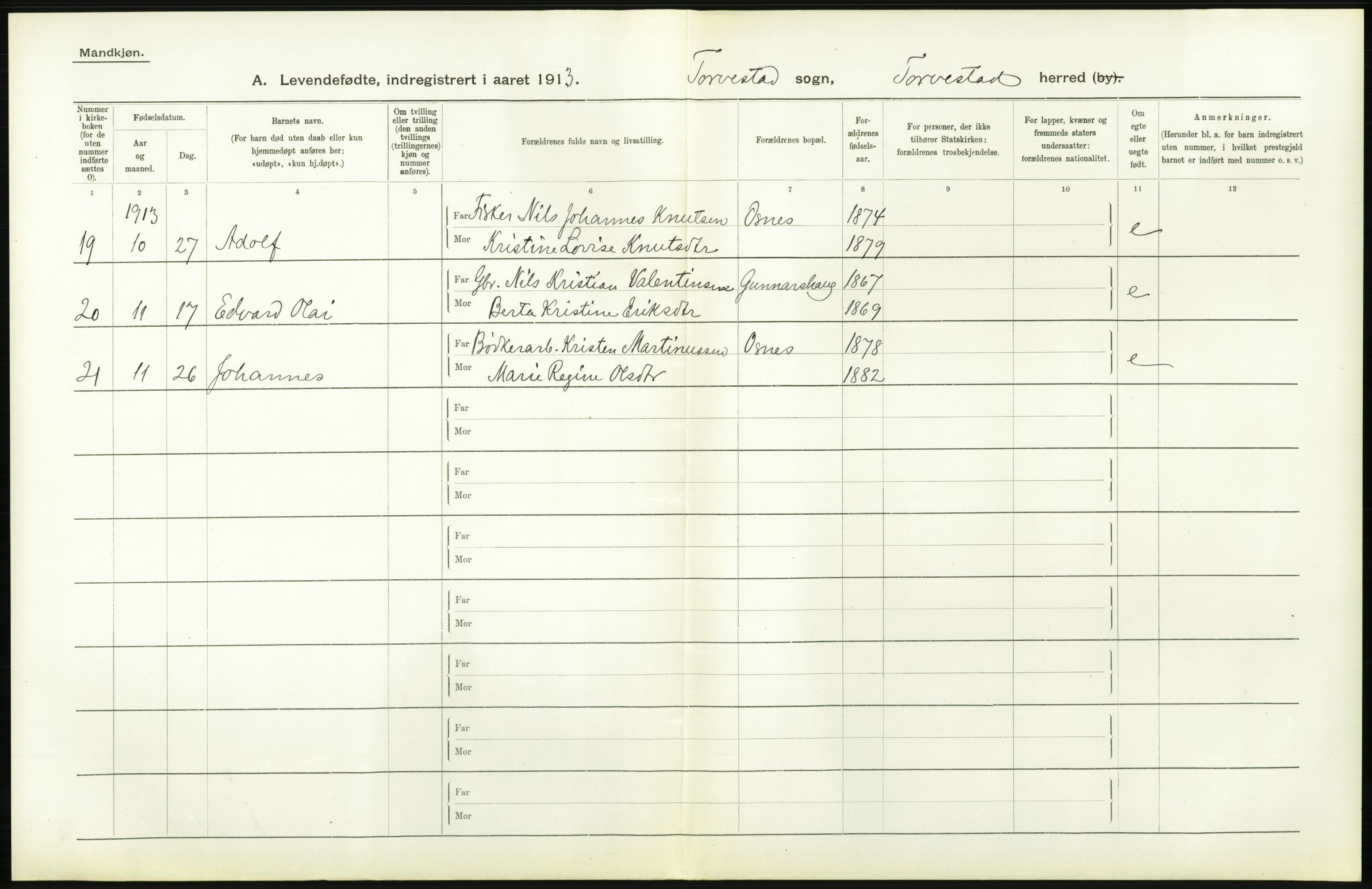 Statistisk sentralbyrå, Sosiodemografiske emner, Befolkning, AV/RA-S-2228/D/Df/Dfb/Dfbc/L0025: Stavanger amt: Levendefødte menn og kvinner. Bygder., 1913, s. 104