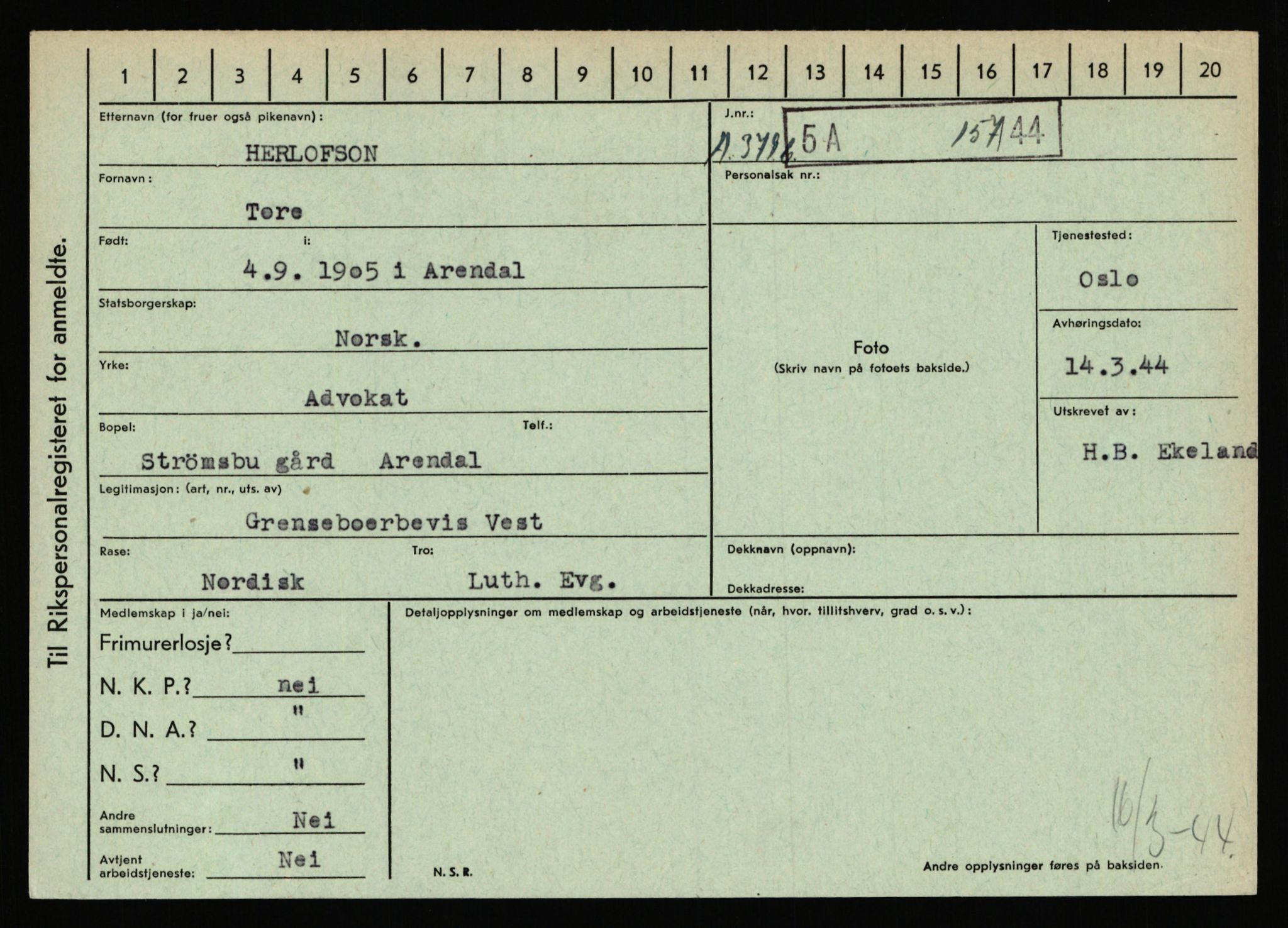 Statspolitiet - Hovedkontoret / Osloavdelingen, AV/RA-S-1329/C/Ca/L0006: Hanche - Hokstvedt, 1943-1945, s. 3894