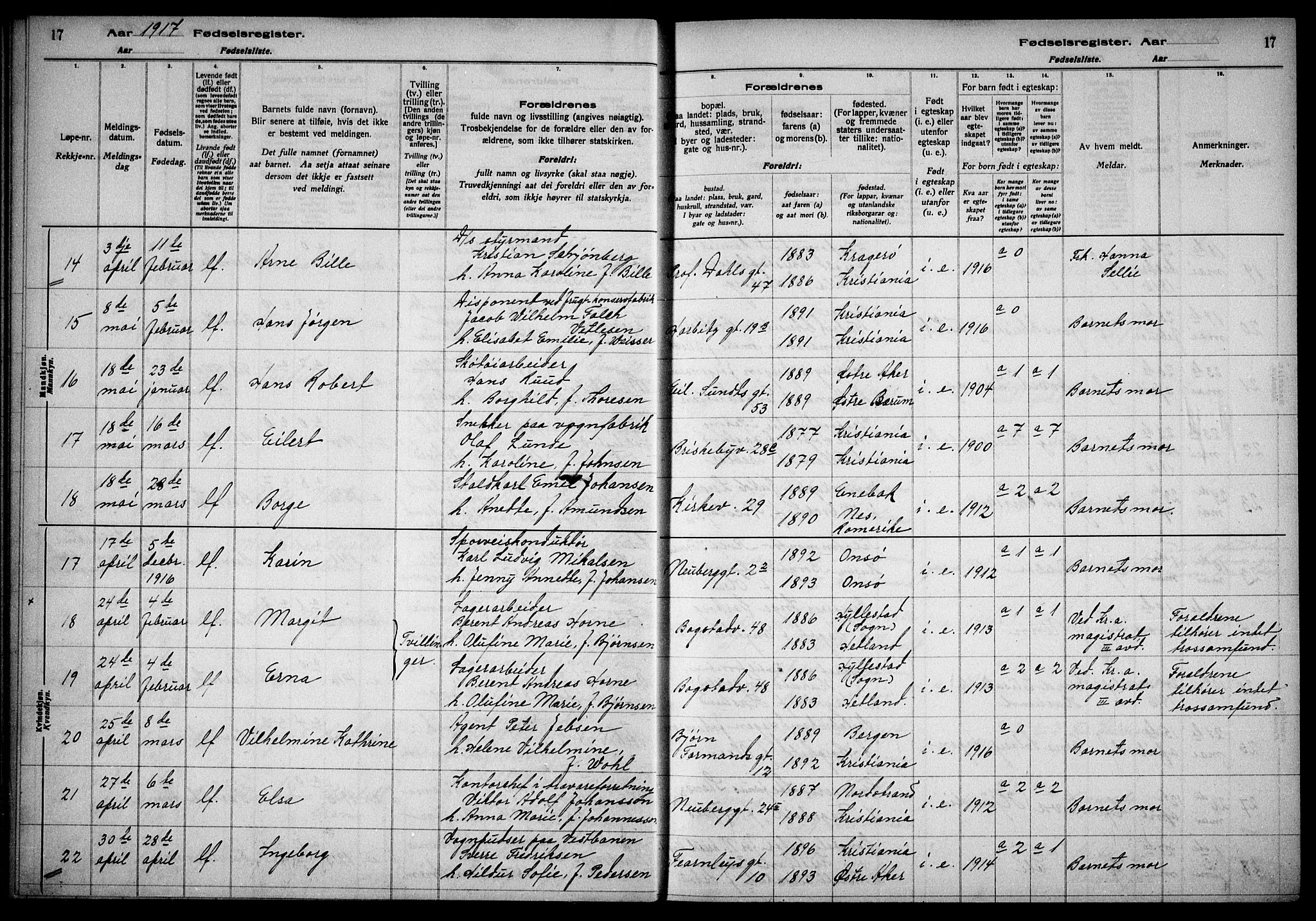 Uranienborg prestekontor Kirkebøker, AV/SAO-A-10877/J/Ja/L0001: Fødselsregister nr. 1, 1916-1930, s. 17