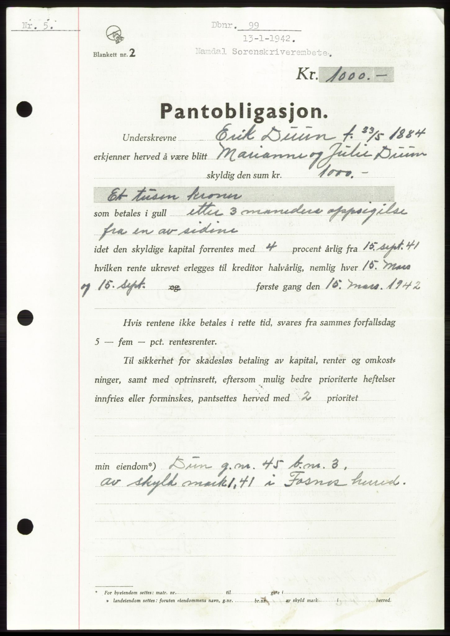 Namdal sorenskriveri, SAT/A-4133/1/2/2C: Pantebok nr. -, 1941-1942, Dagboknr: 99/1942