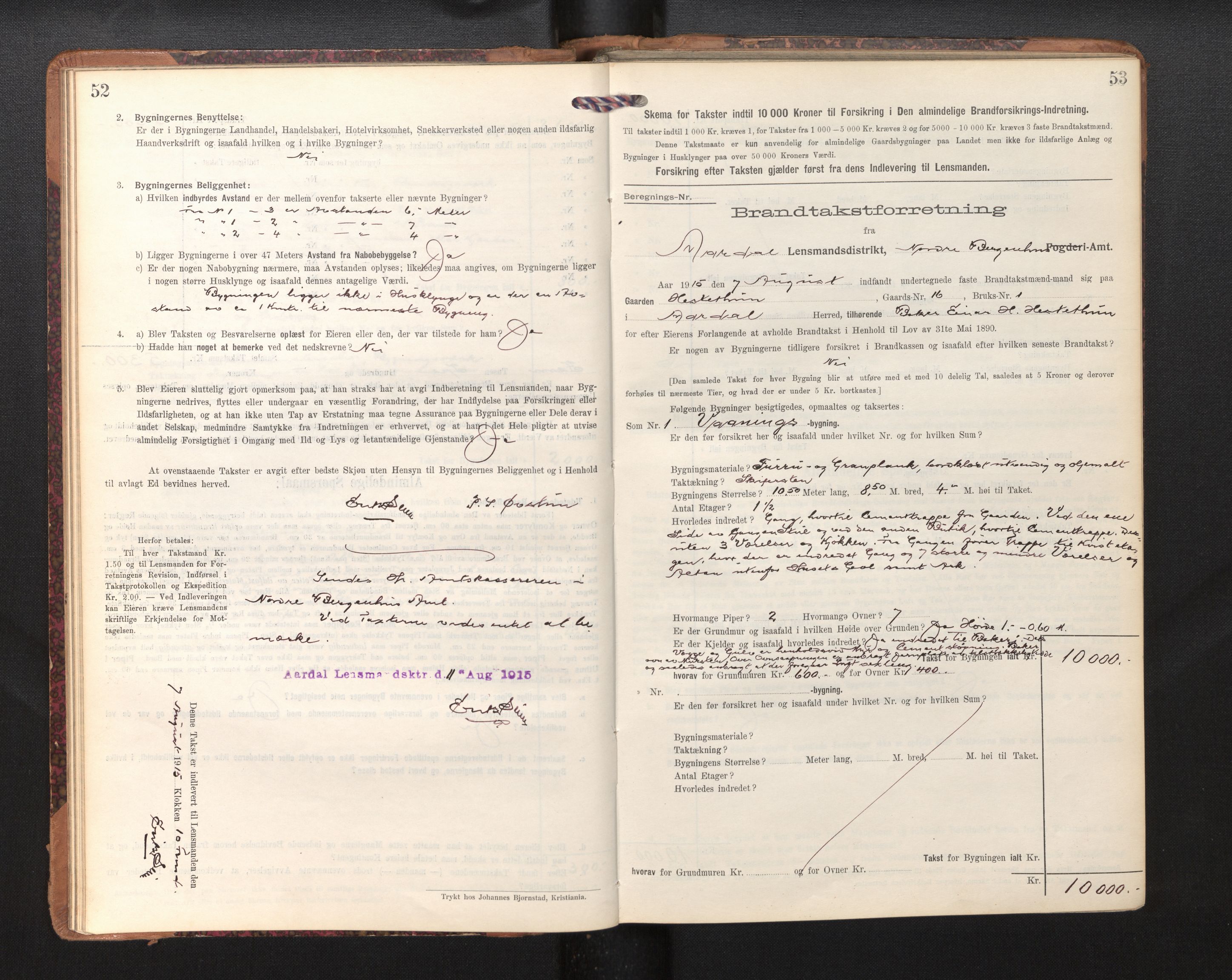 Lensmannen i Årdal, AV/SAB-A-30501/0012/L0009: Branntakstprotokoll, skjematakst, 1914-1926, s. 52-53