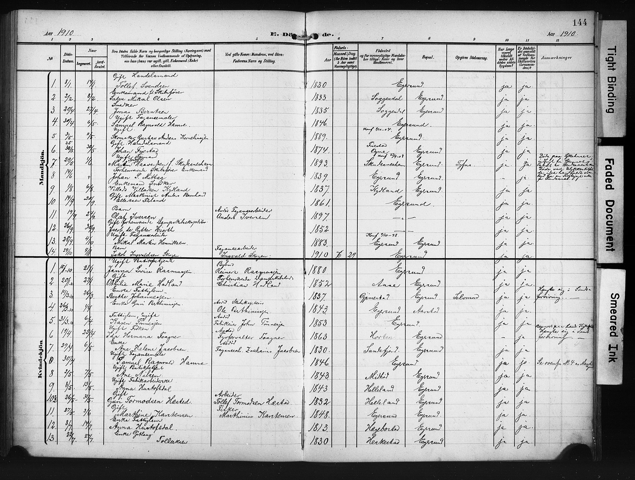 Eigersund sokneprestkontor, AV/SAST-A-101807/001/30/30BB/L0012: Klokkerbok nr. B 12, 1908-1930, s. 144