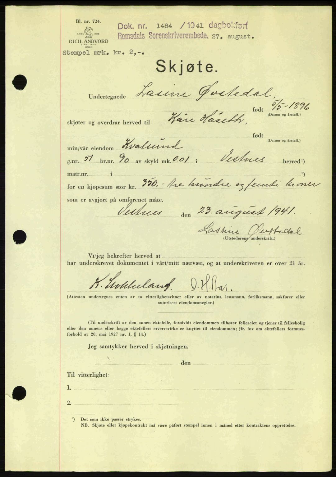 Romsdal sorenskriveri, AV/SAT-A-4149/1/2/2C: Pantebok nr. A10, 1941-1941, Dagboknr: 1484/1941