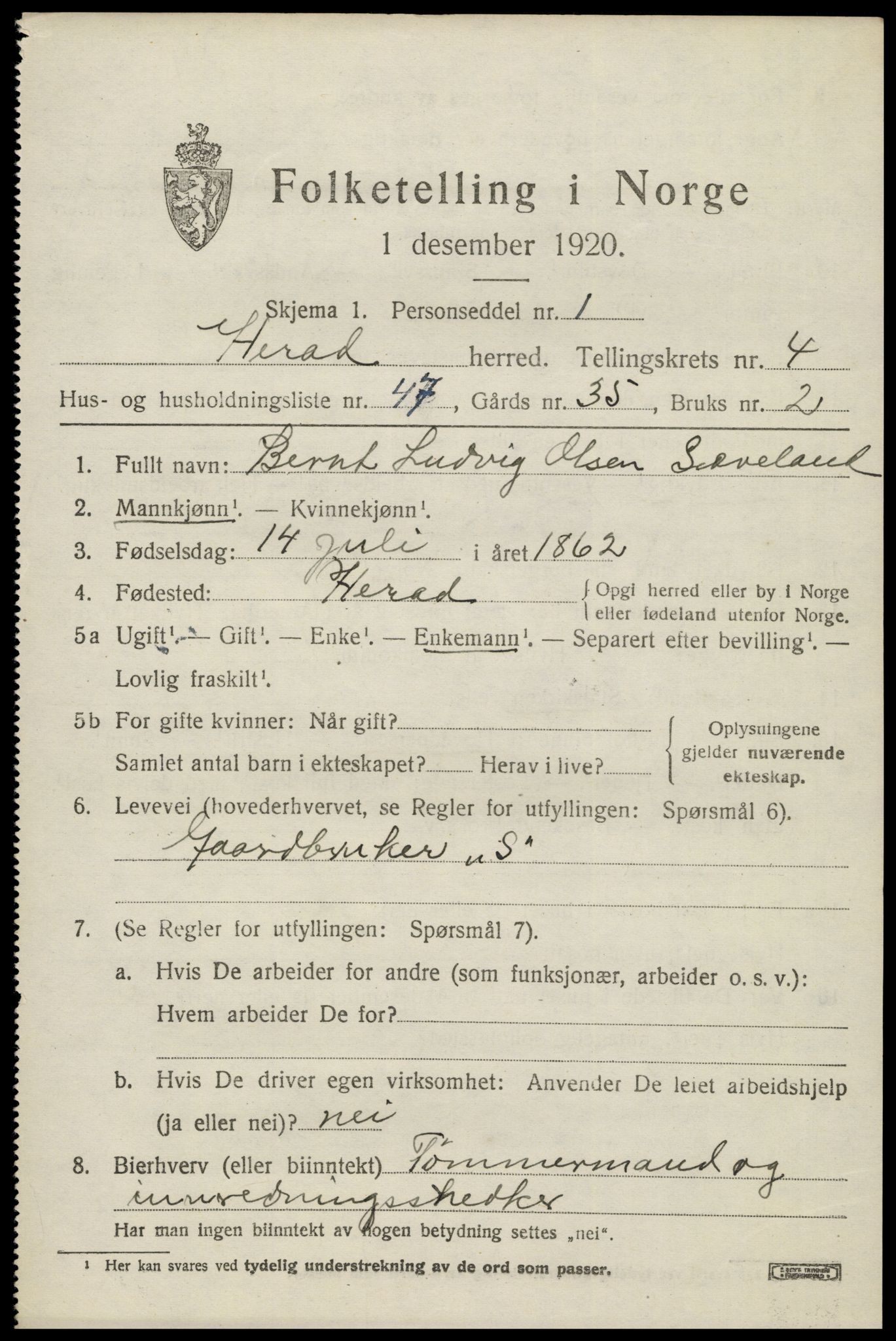SAK, Folketelling 1920 for 1039 Herad herred, 1920, s. 2190