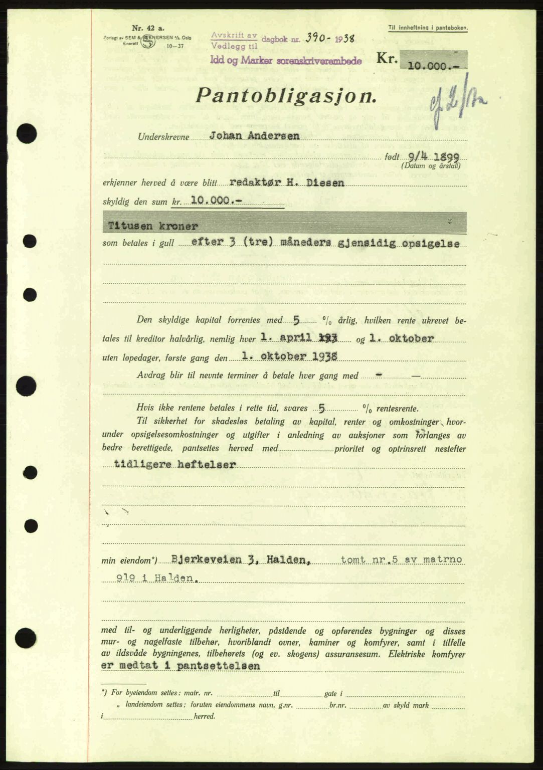 Idd og Marker sorenskriveri, AV/SAO-A-10283/G/Gb/Gbc/L0001: Pantebok nr. B1-3, 1936-1939, Dagboknr: 390/1938