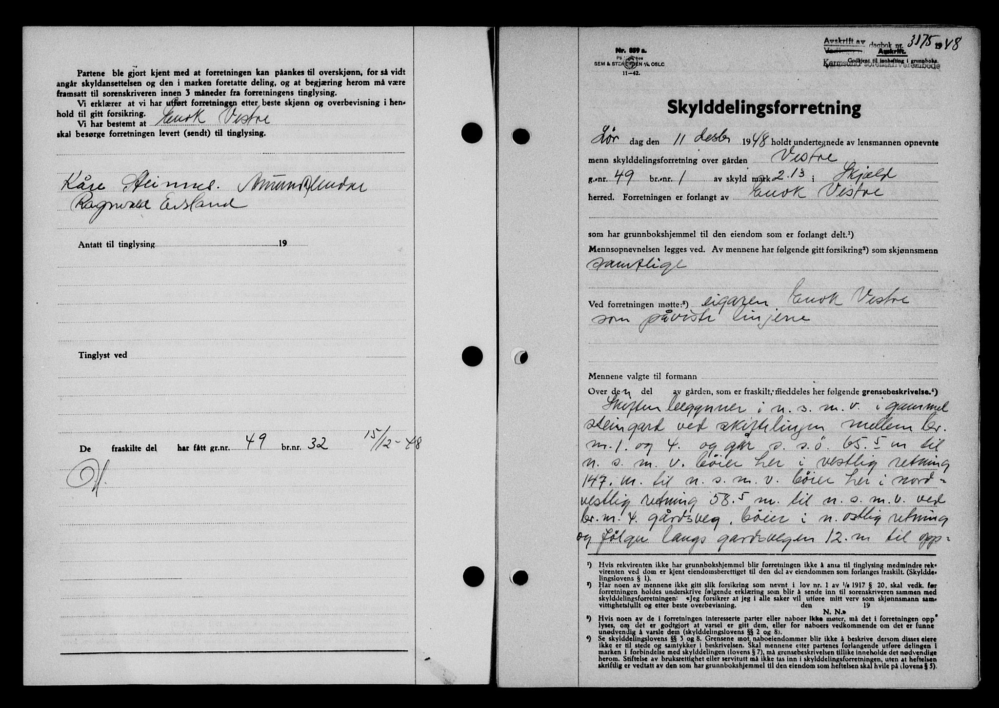 Karmsund sorenskriveri, SAST/A-100311/01/II/IIB/L0095: Pantebok nr. 75A, 1948-1949, Dagboknr: 3175/1948