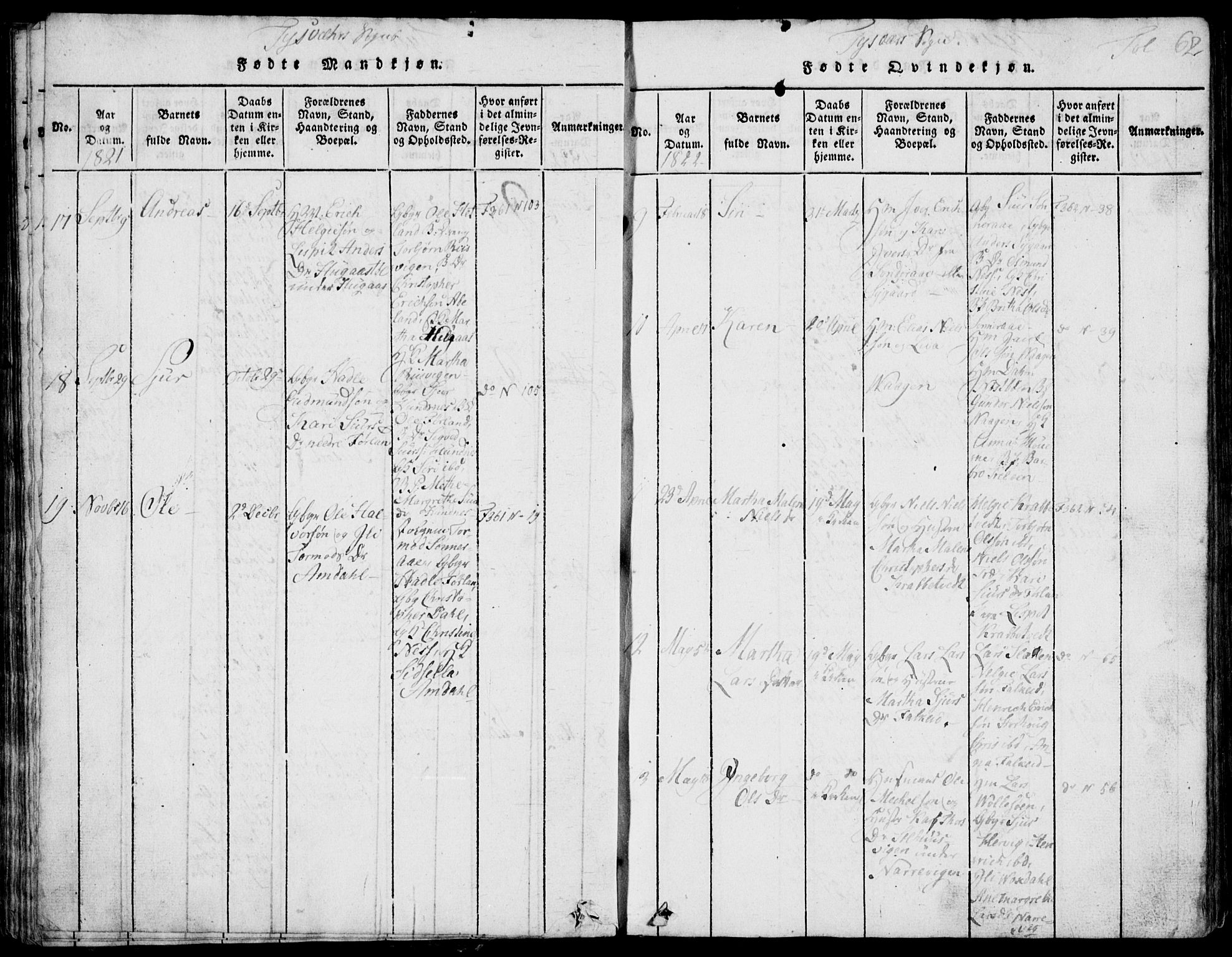 Skjold sokneprestkontor, AV/SAST-A-101847/H/Ha/Hab/L0002: Klokkerbok nr. B 2 /1, 1815-1830, s. 62