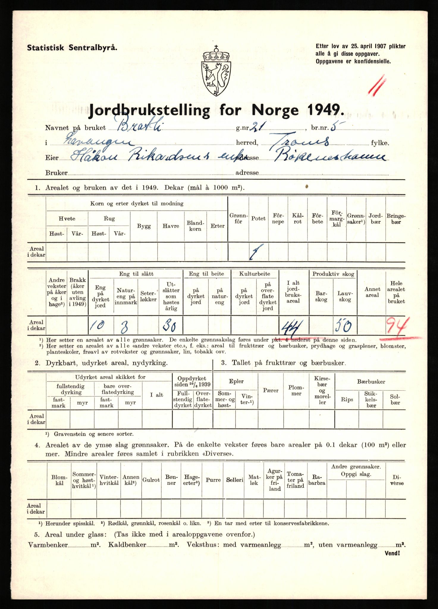 Statistisk sentralbyrå, Næringsøkonomiske emner, Jordbruk, skogbruk, jakt, fiske og fangst, AV/RA-S-2234/G/Gc/L0437: Troms: Gratangen og Lavangen, 1949, s. 372
